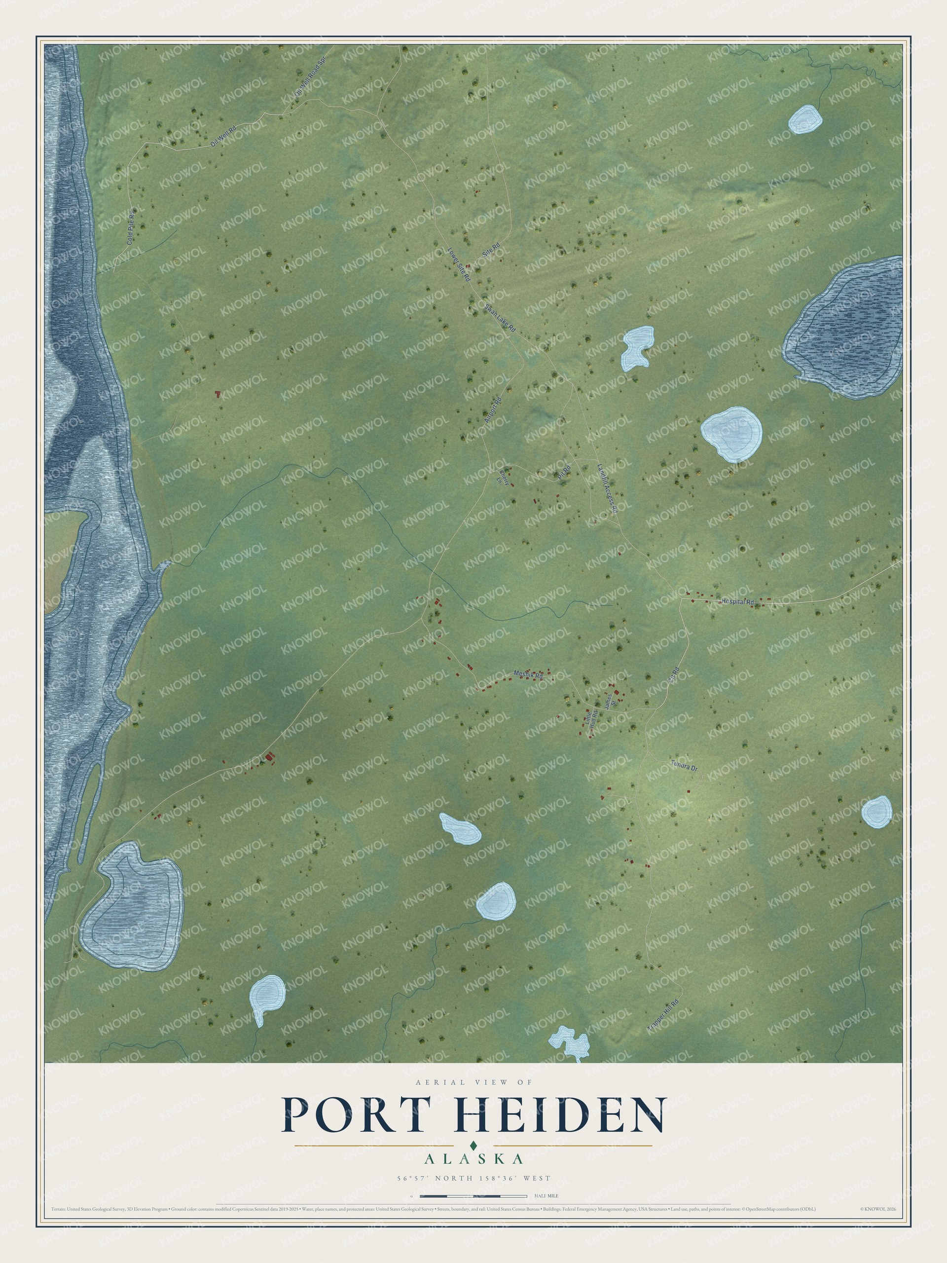 Full map of Port Heiden, Alaska, with red buildings, printed street names and the land around them