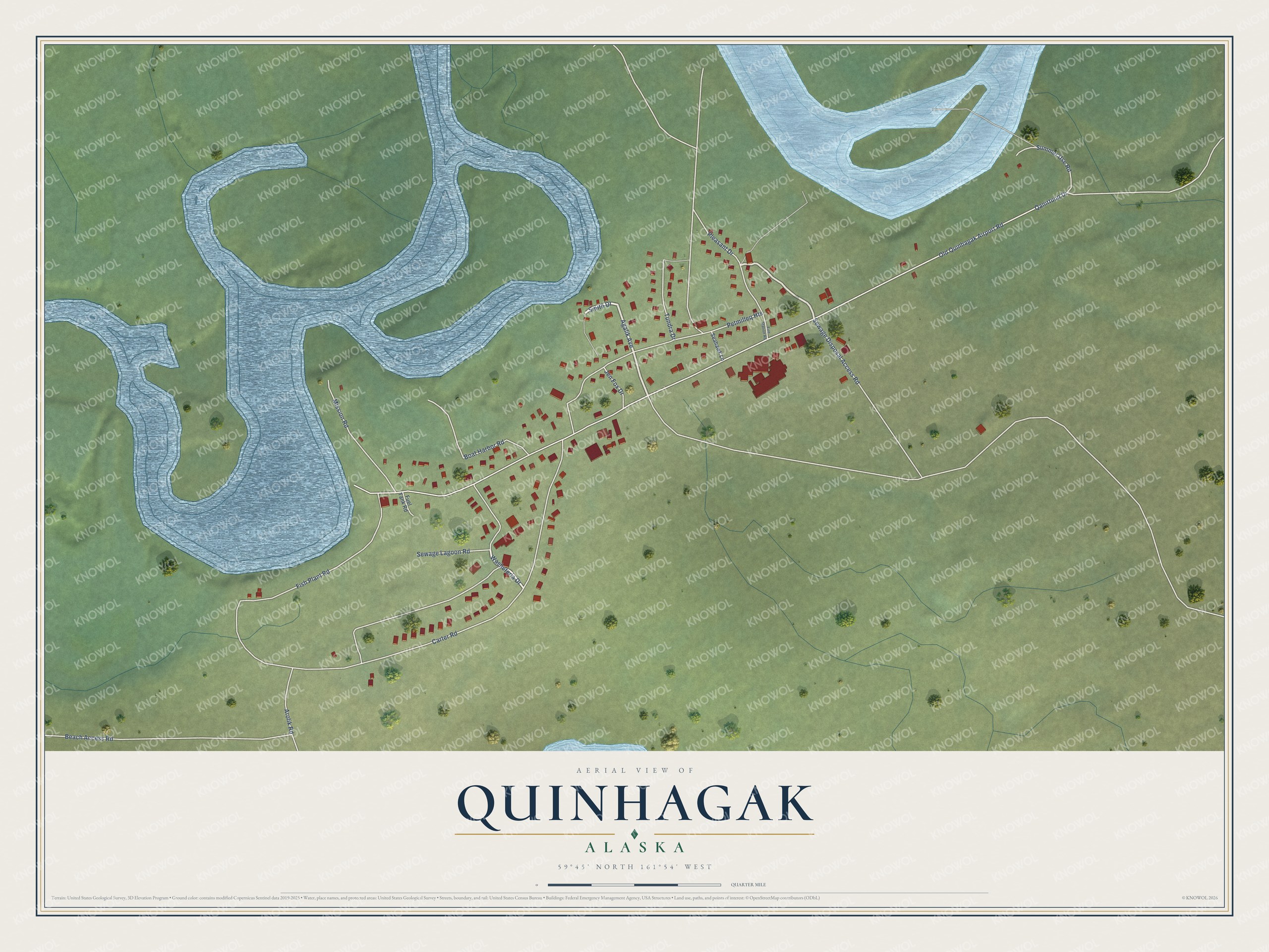 Full map of Quinhagak, Alaska, with red buildings, printed street names and the land around them