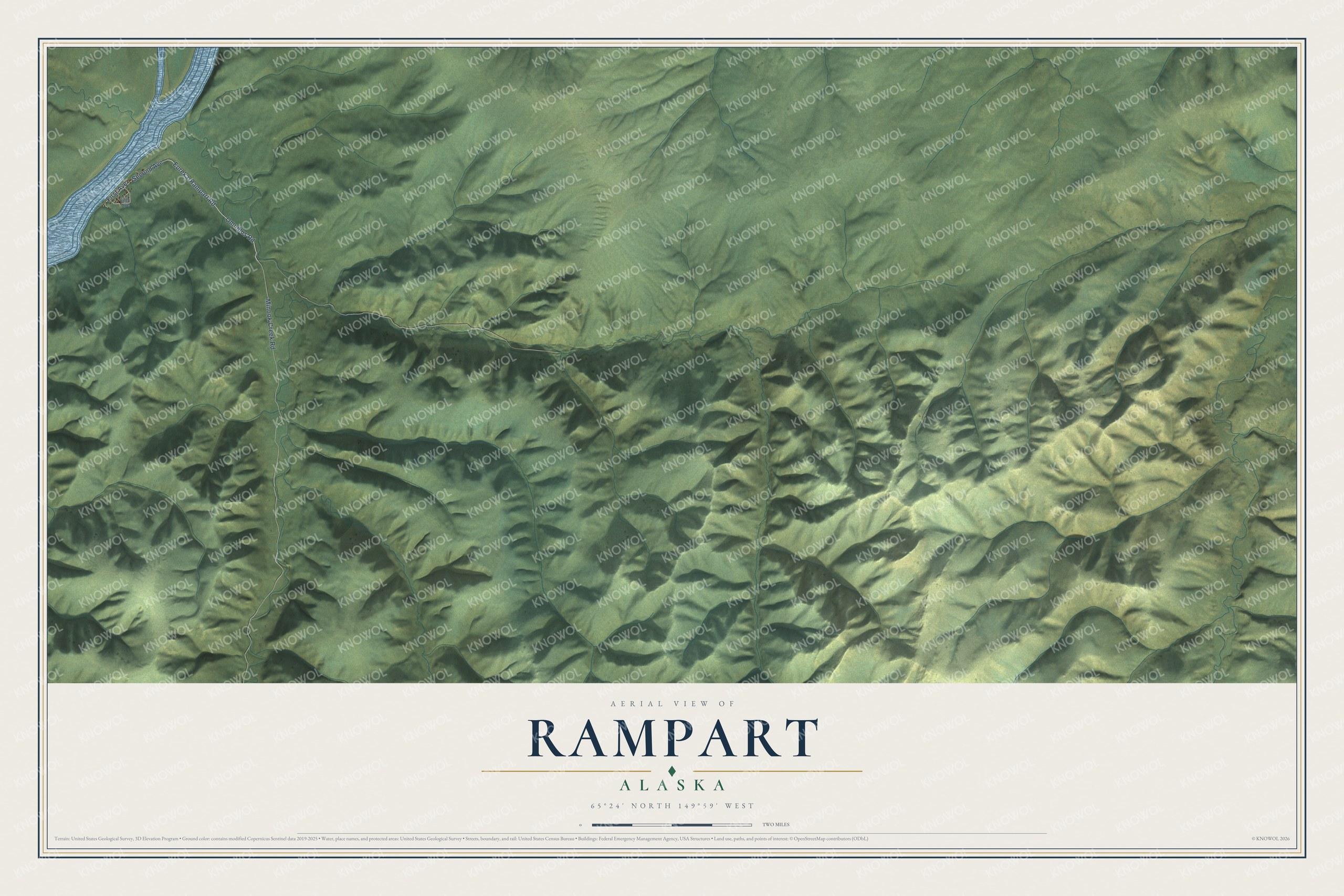 Full map of Rampart, Alaska, with red buildings, printed street names and the land around them