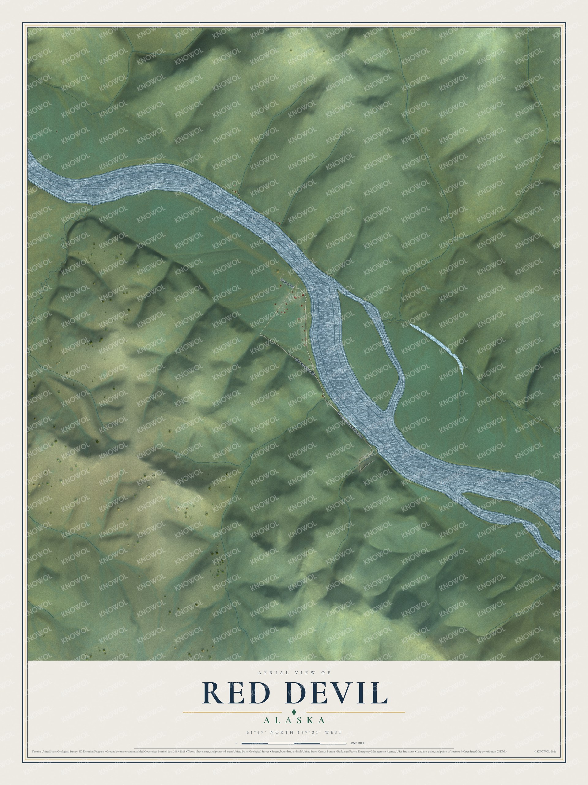Full map of Red Devil, Alaska, with red buildings, printed street names and the land around them