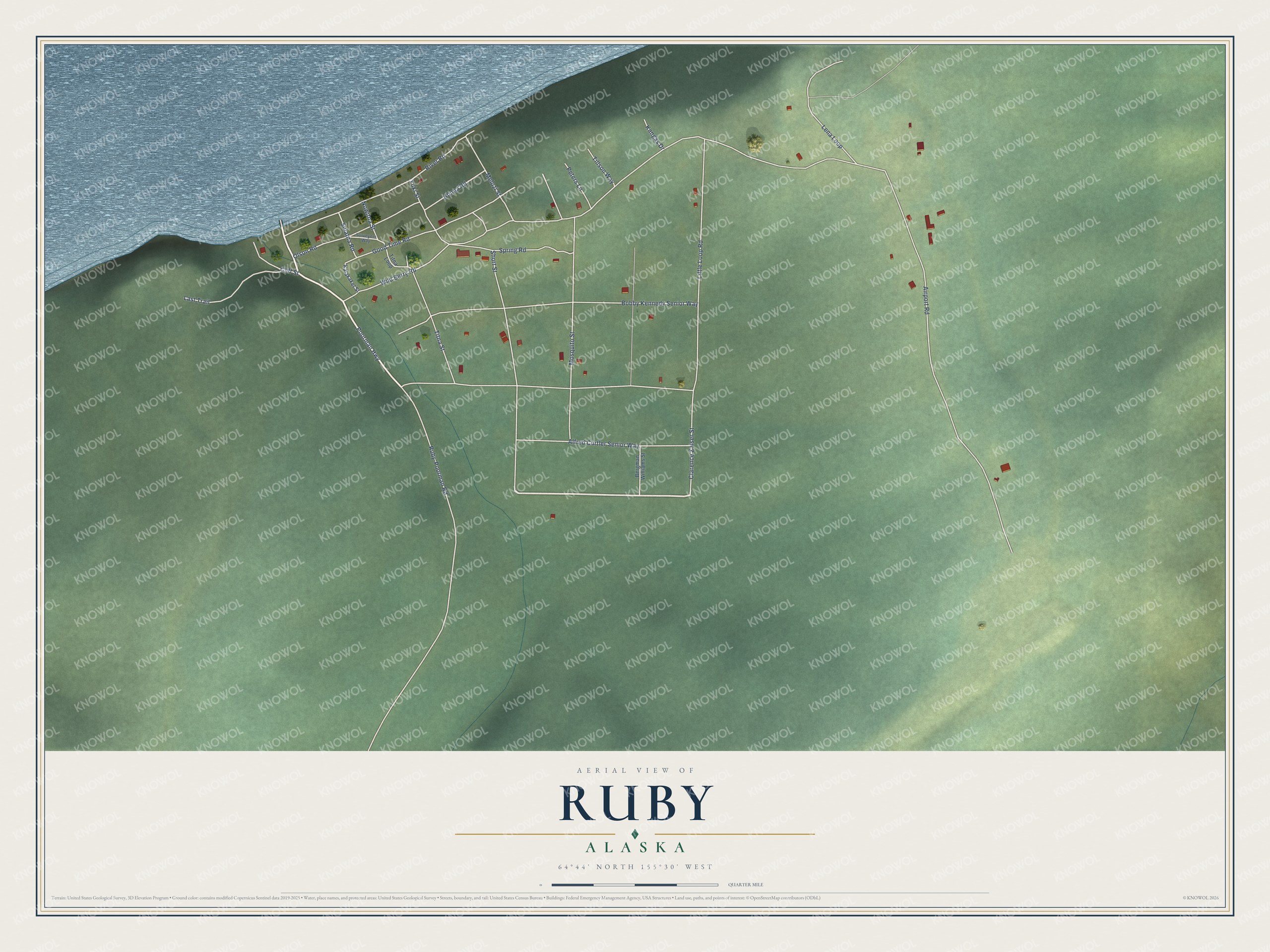 Full map of Ruby, Alaska, with red buildings, printed street names and the land around them