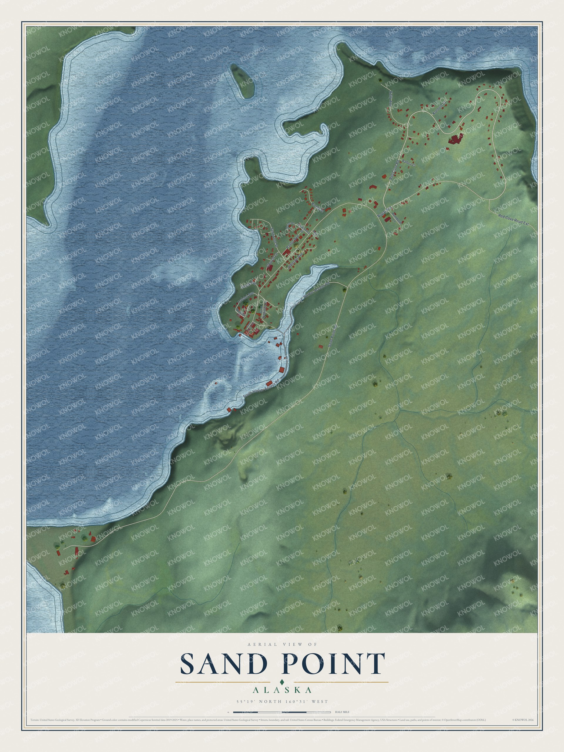 Full map of Sand Point, Alaska, with red buildings, printed street names and the land around them