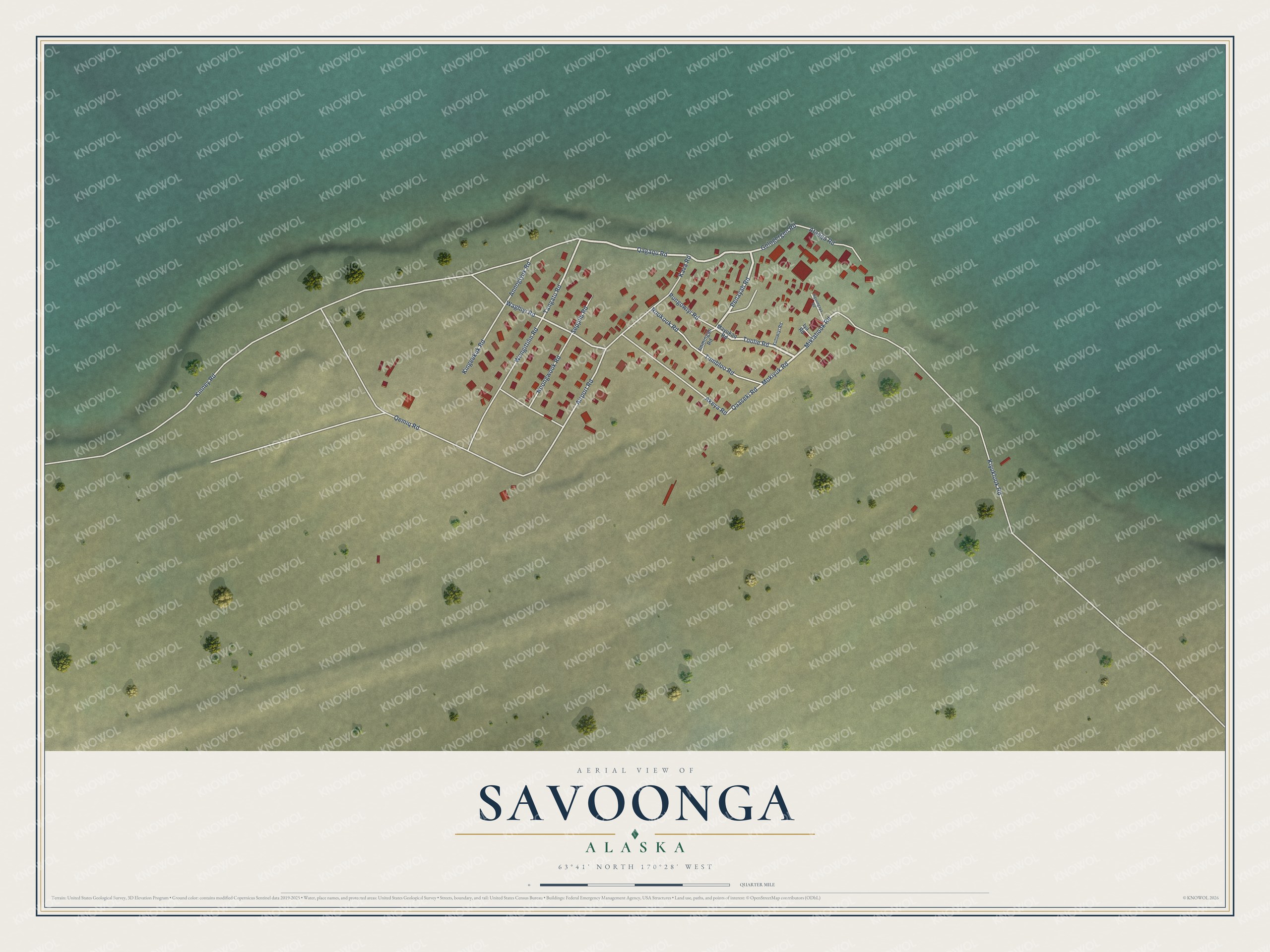 Full map of Savoonga, Alaska, with red buildings, printed street names and the land around them