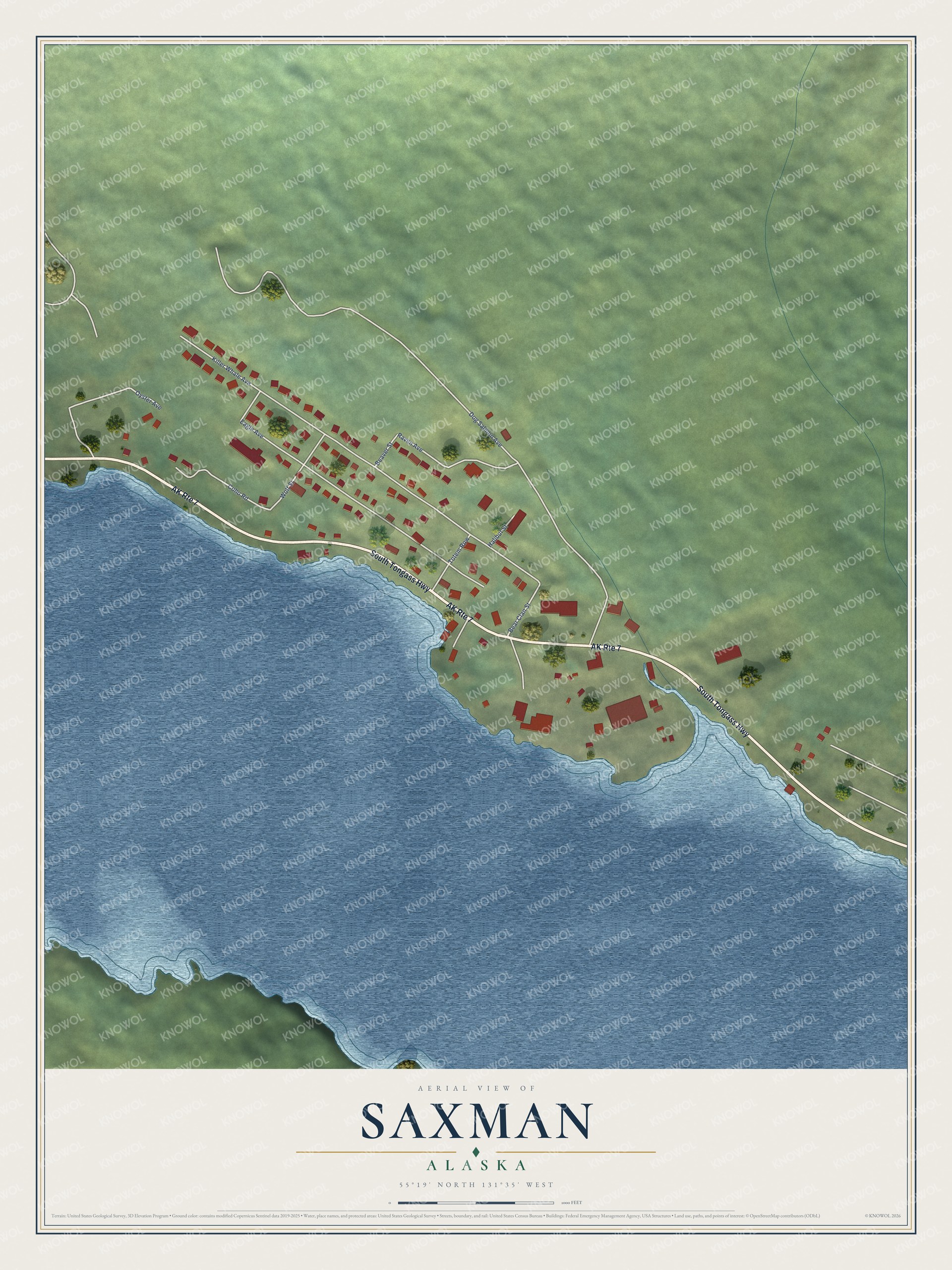 Full map of Saxman, Alaska, with red buildings, printed street names and the land around them