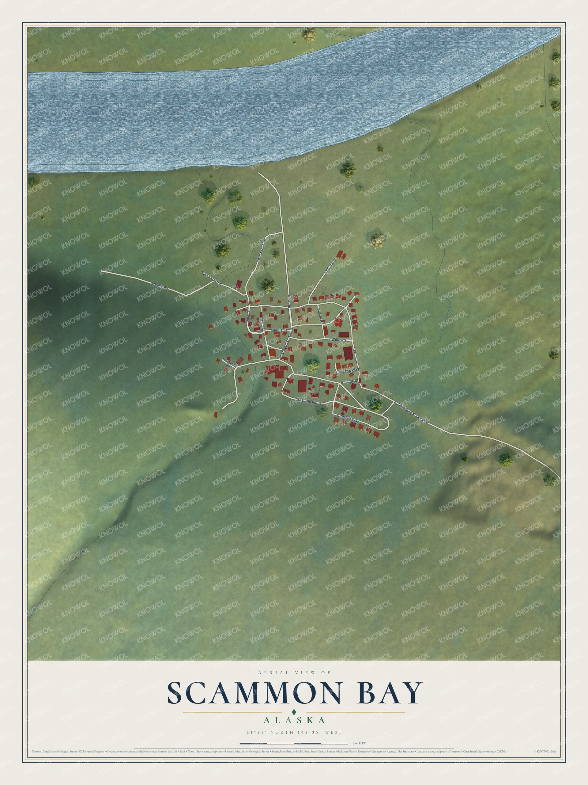 Full map of Scammon Bay, Alaska, with red buildings, printed street names and the land around them