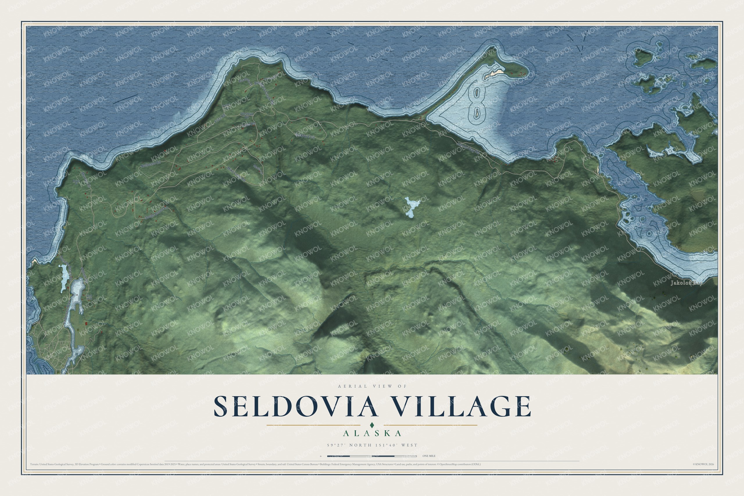 Full map of Seldovia Village, Alaska, with red buildings, printed street names and the land around them