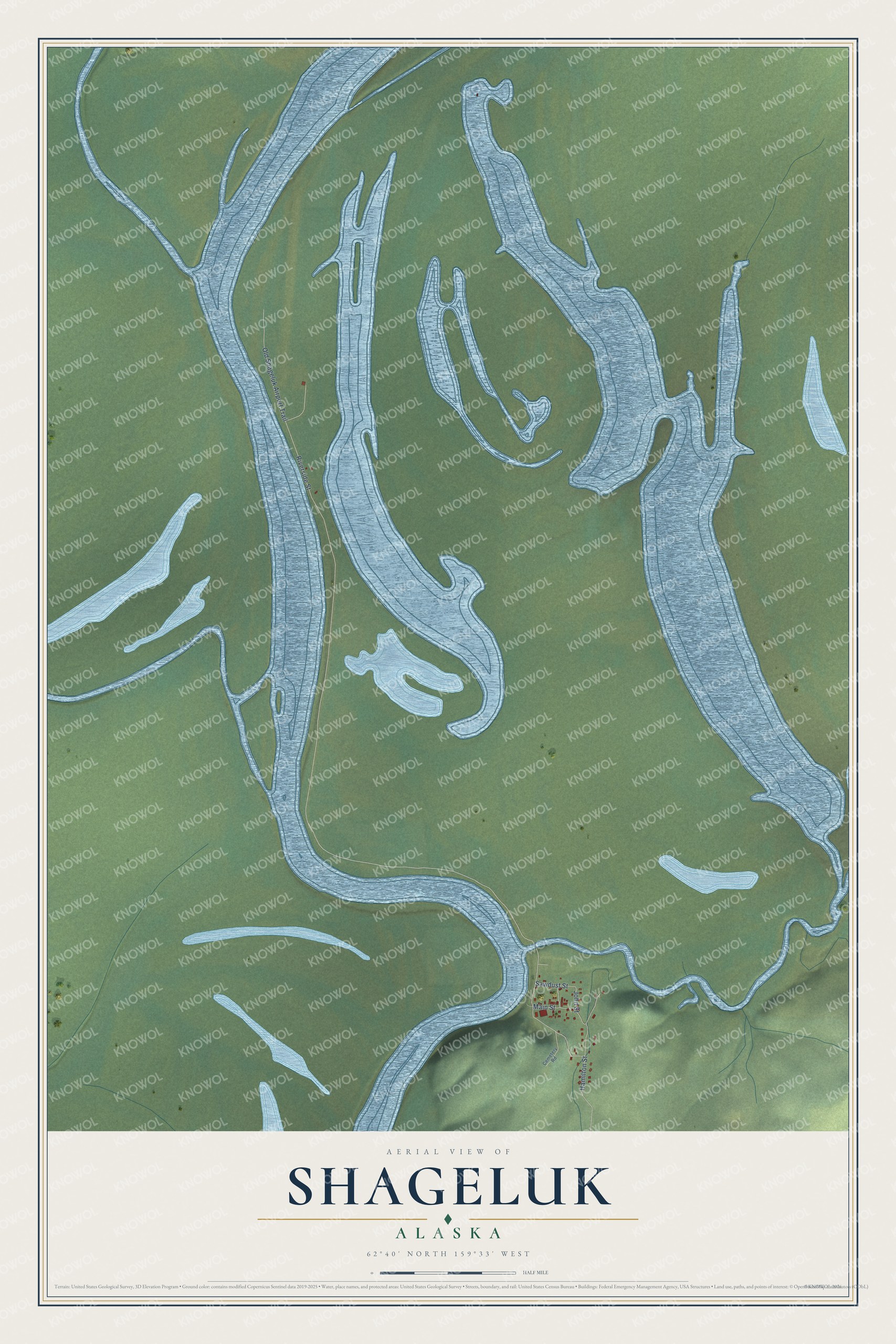 Full map of Shageluk, Alaska, with red buildings, printed street names and the land around them