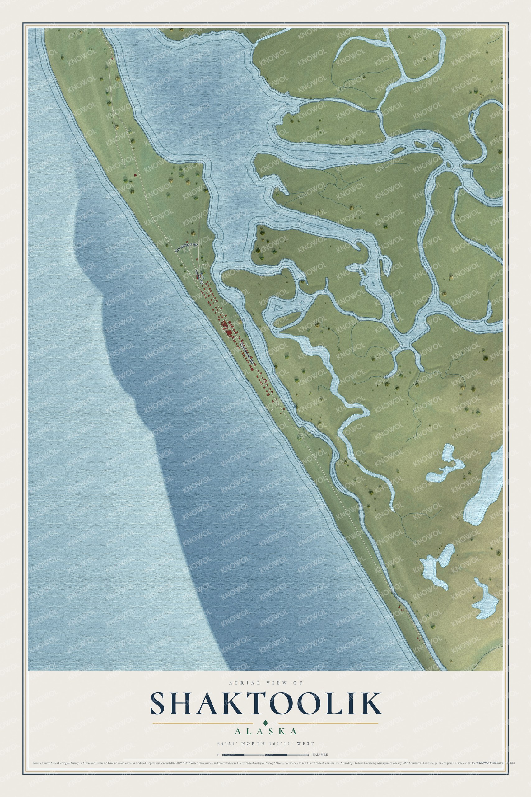 Full map of Shaktoolik, Alaska, with red buildings, printed street names and the land around them