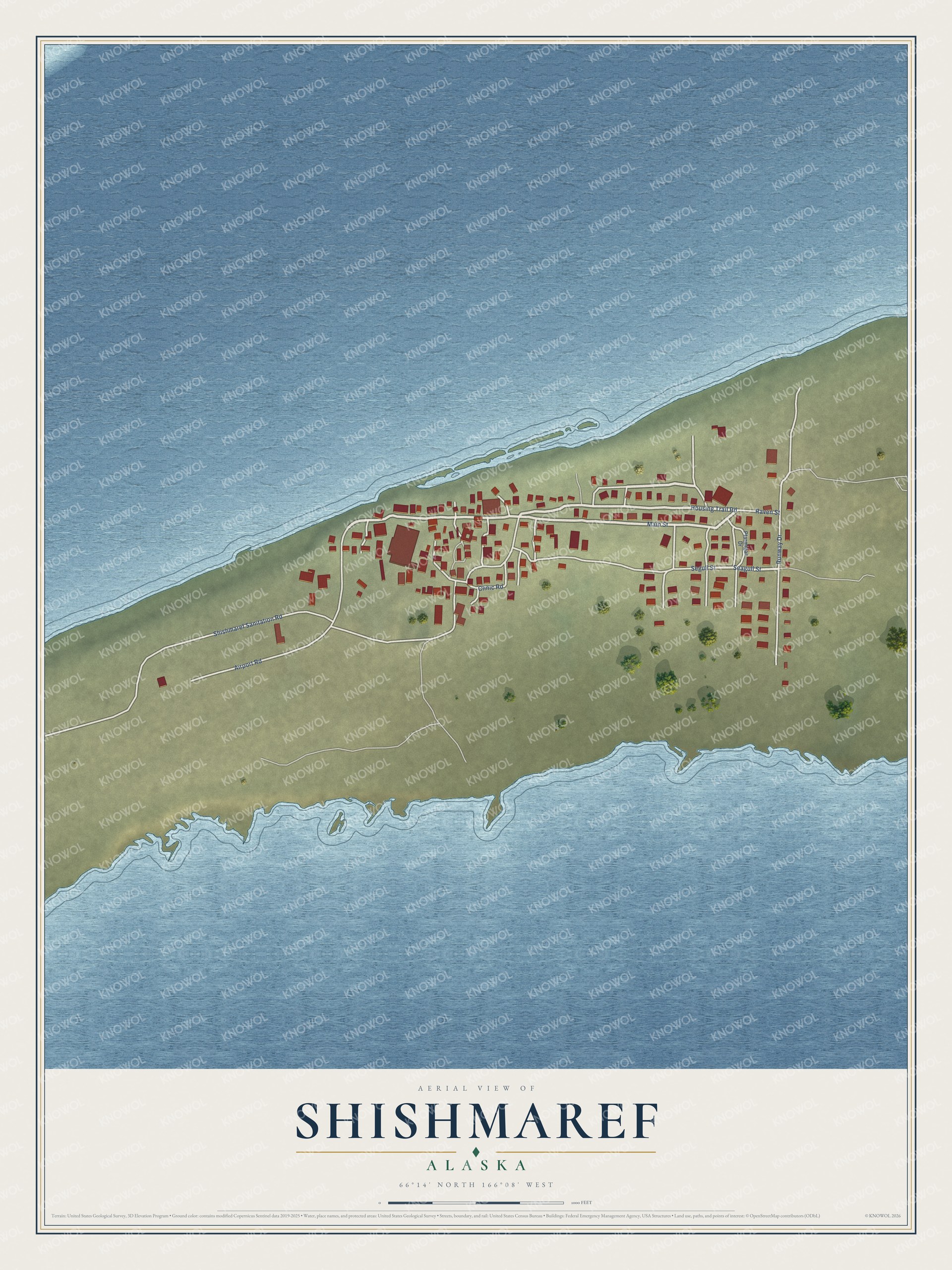 Full map of Shishmaref, Alaska, with red buildings, printed street names and the land around them