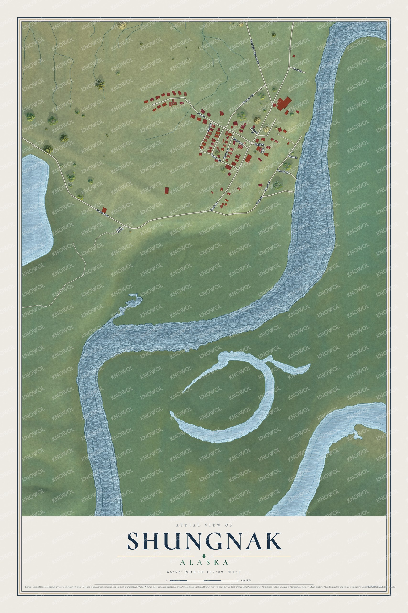 Full map of Shungnak, Alaska, with red buildings, printed street names and the land around them