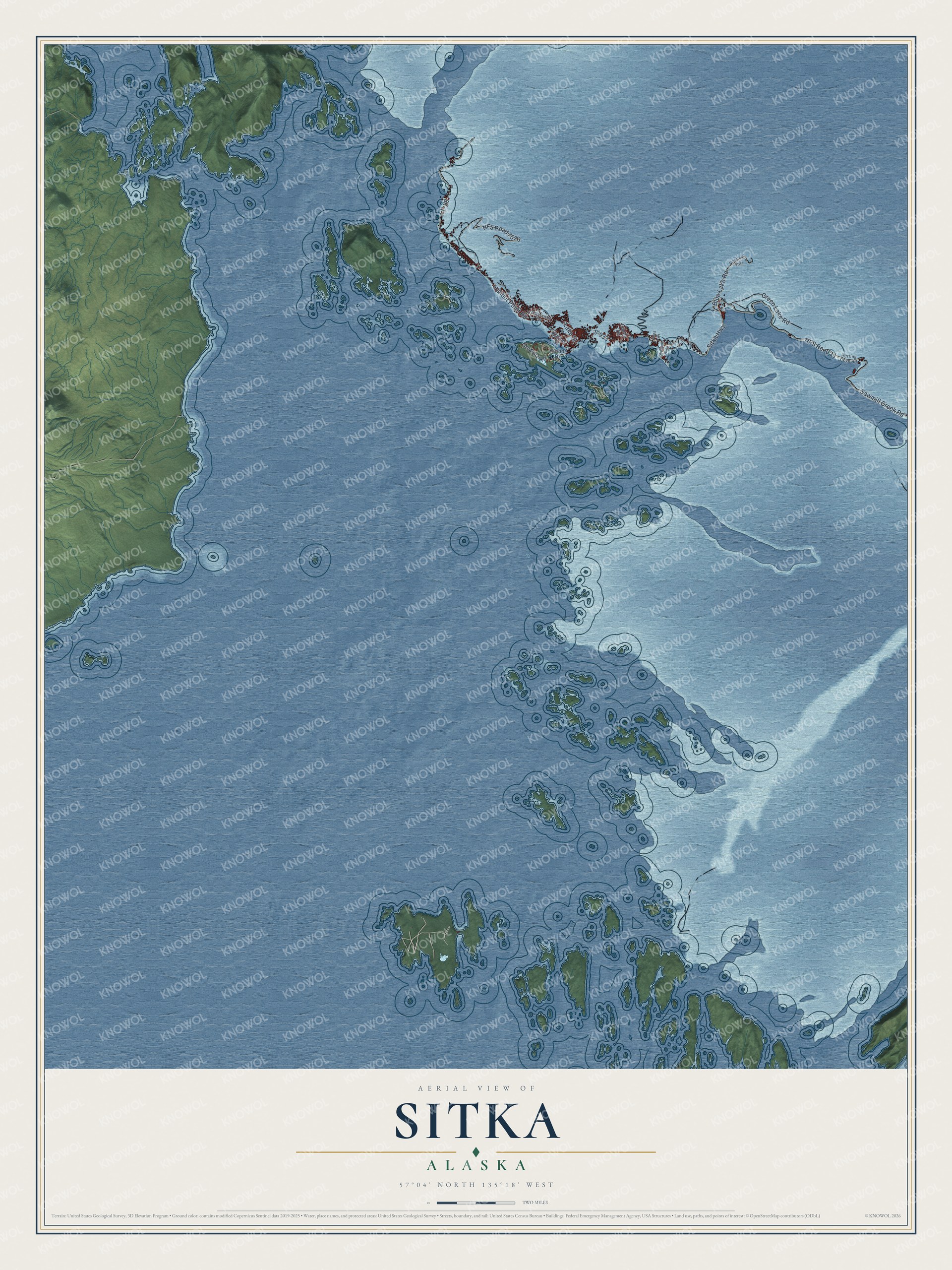 Full map of Sitka, Alaska, with red buildings, printed street names and the land around them