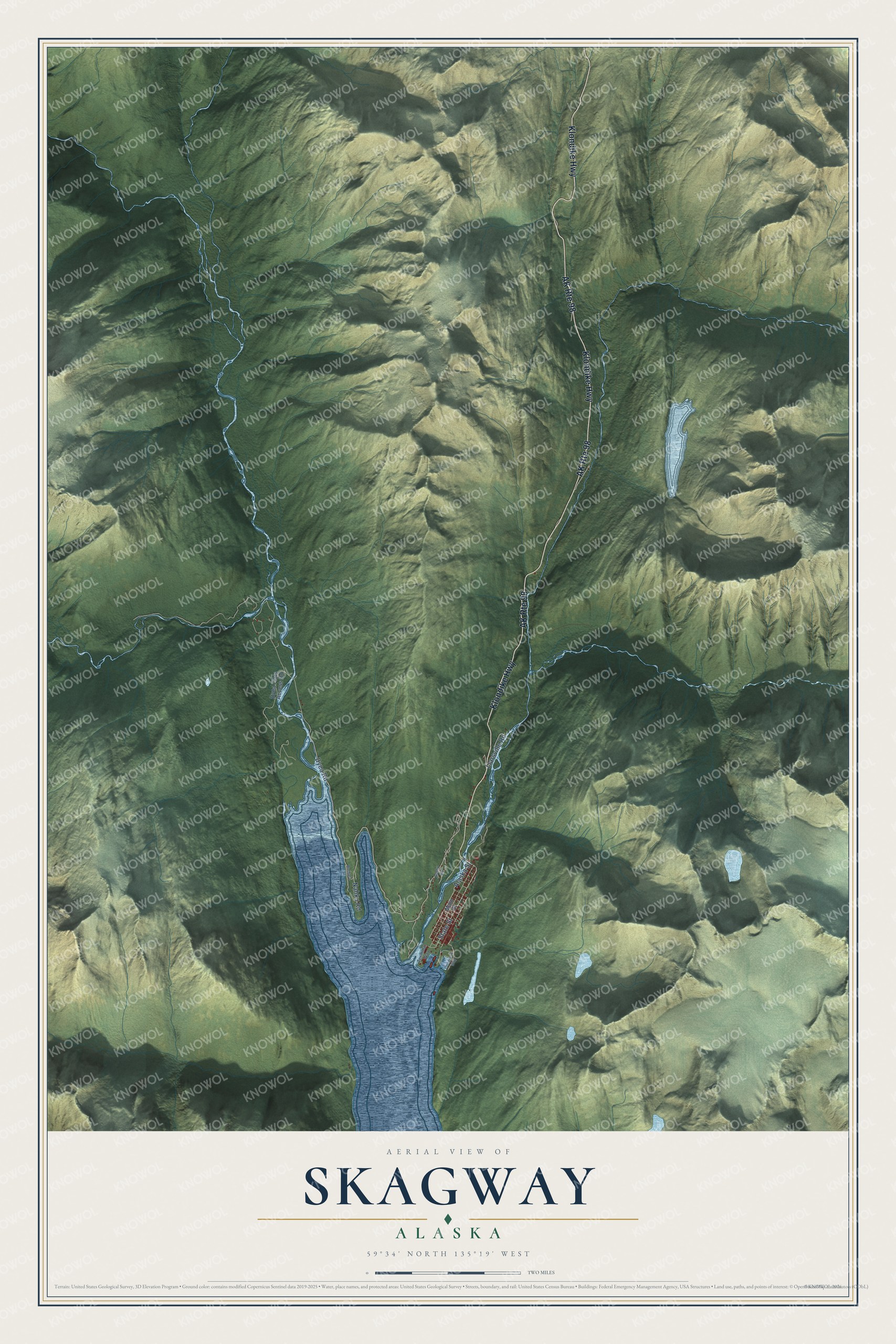 Full map of Skagway, Alaska, with red buildings, printed street names and the land around them