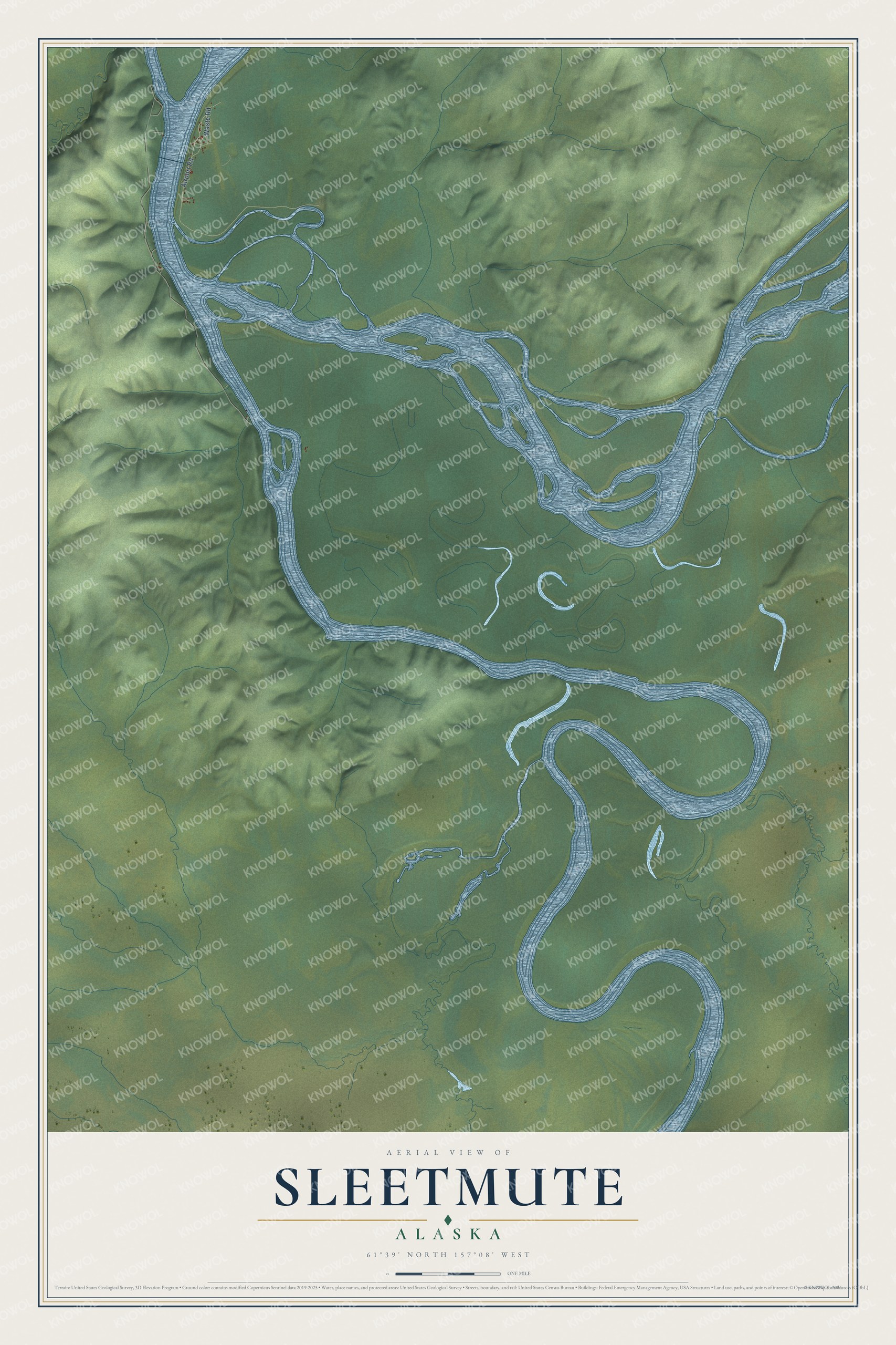Full map of Sleetmute, Alaska, with red buildings, printed street names and the land around them