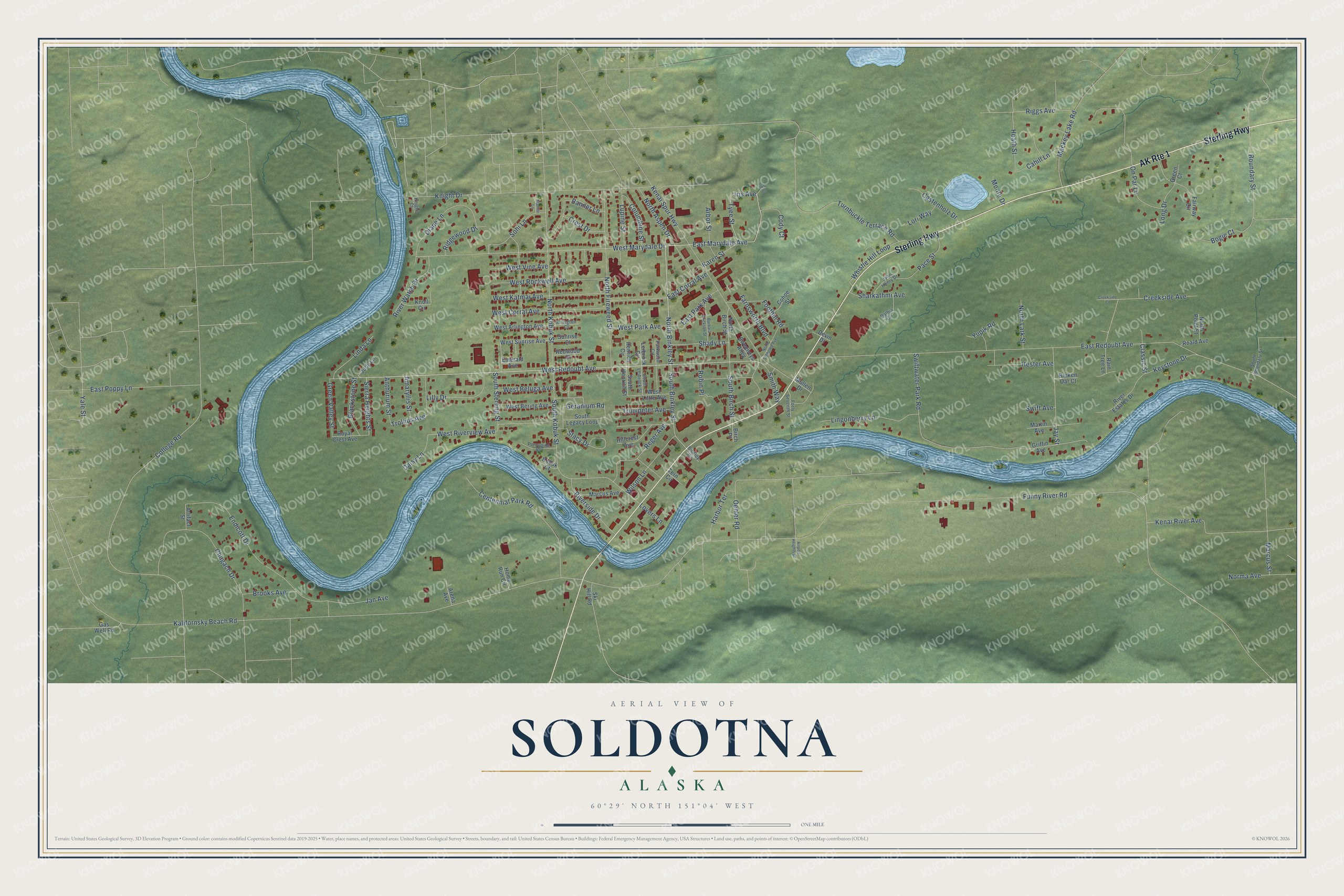Full map of Soldotna, Alaska, with red buildings, printed street names and the land around them