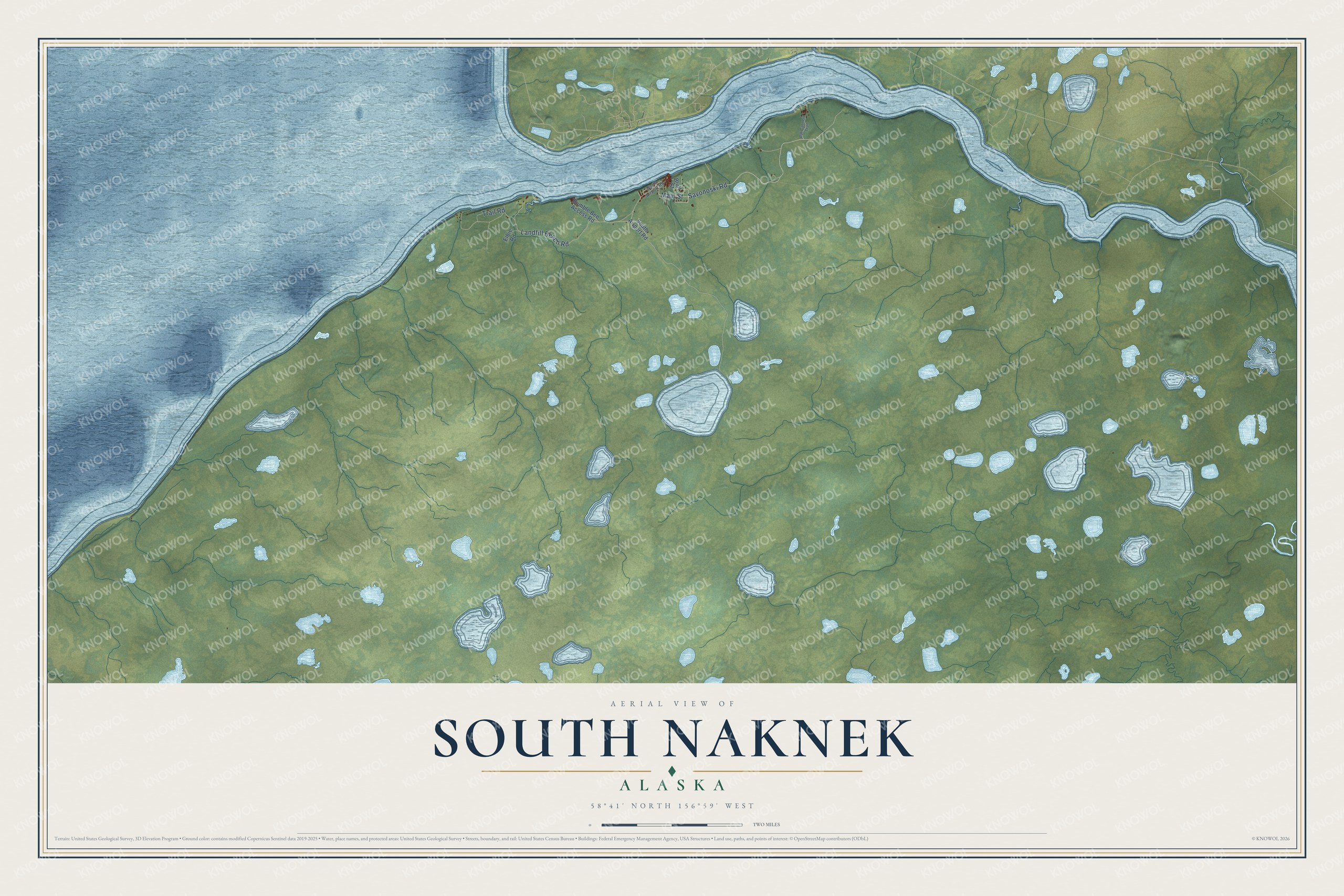 Full map of South Naknek, Alaska, with red buildings, printed street names and the land around them