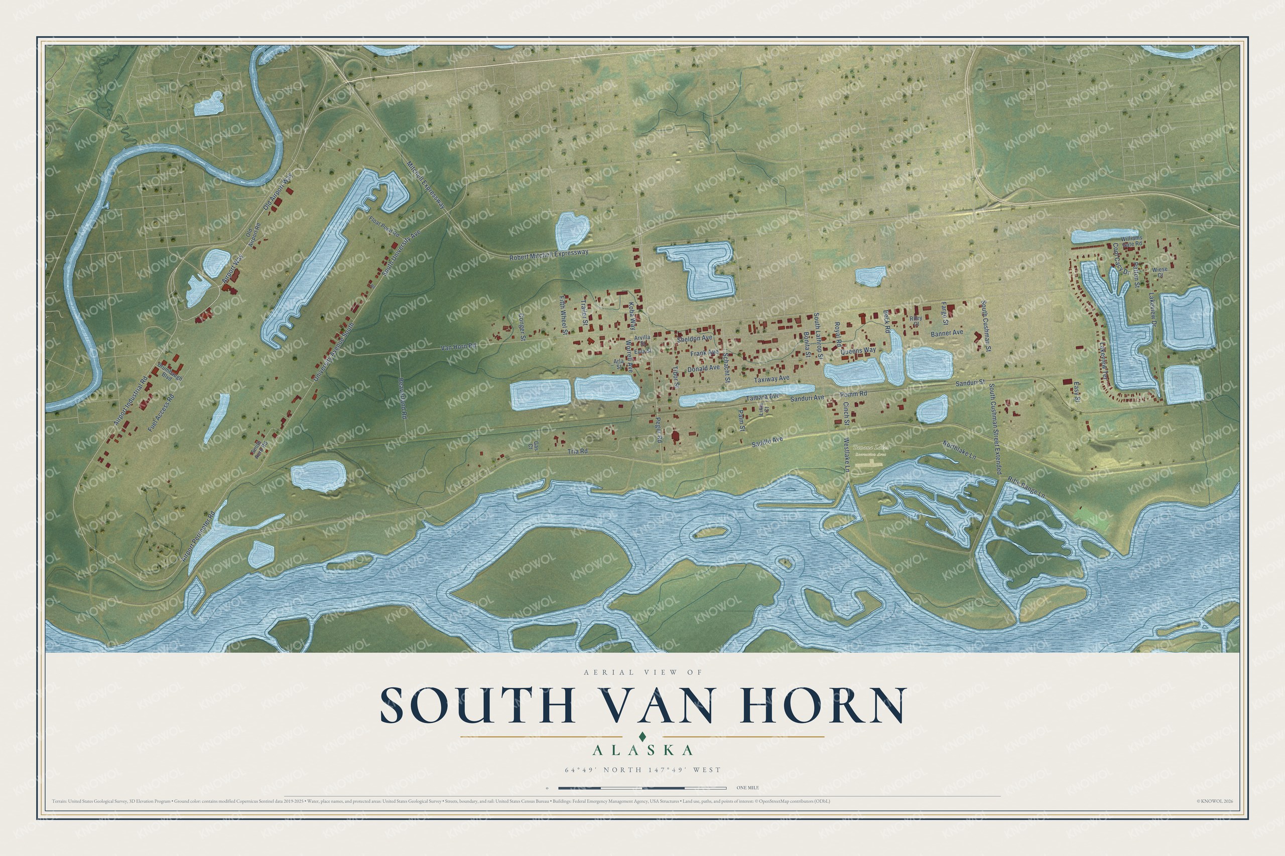 Full map of South Van Horn, Alaska, with red buildings, printed street names and the land around them
