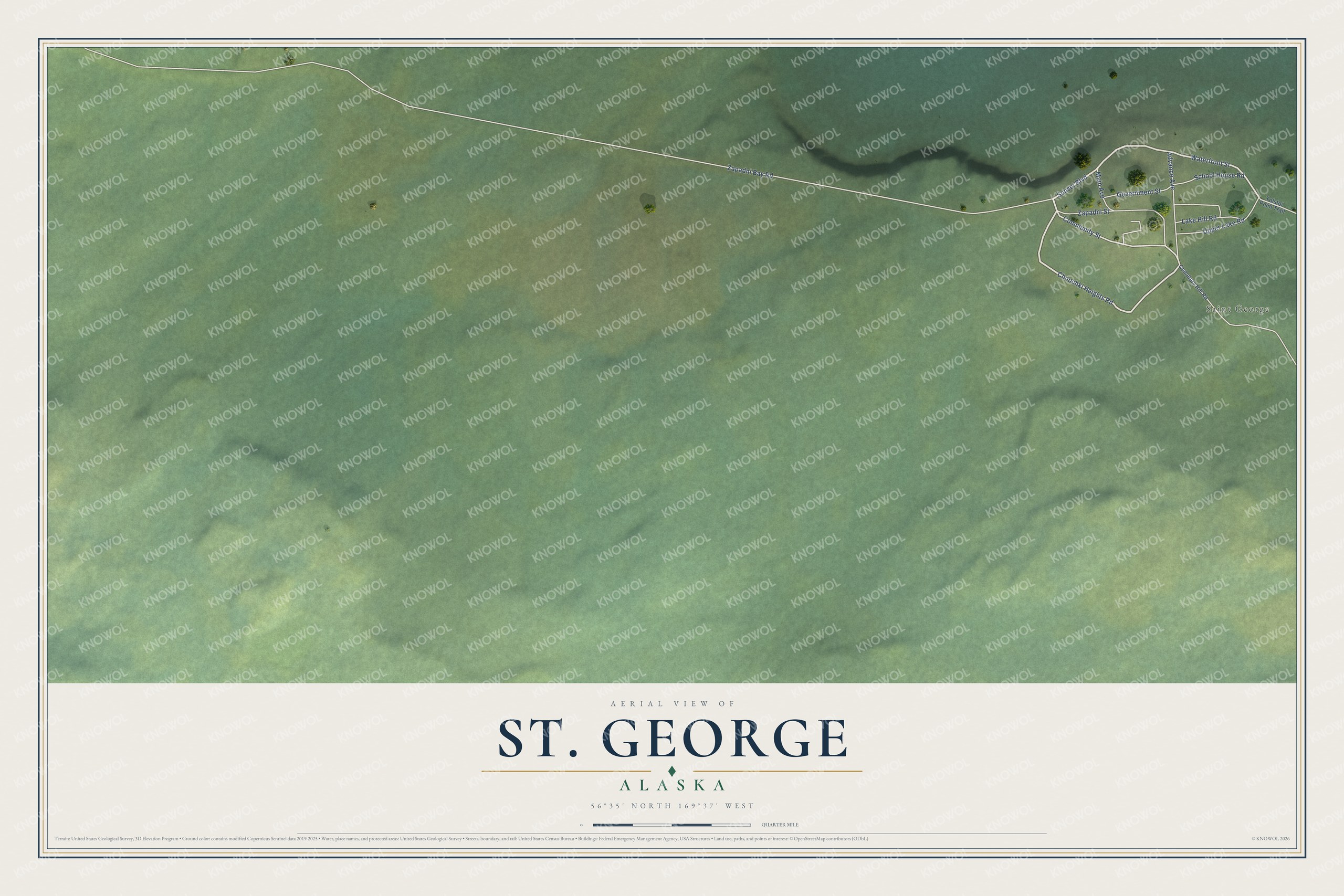 Full map of St. George, Alaska, with red buildings, printed street names and the land around them