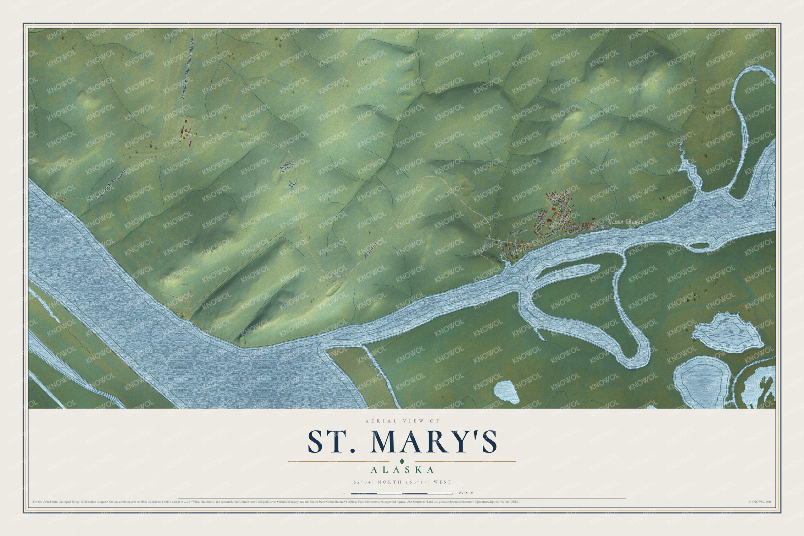 Full map of St. Mary's, Alaska, with red buildings, printed street names and the land around them