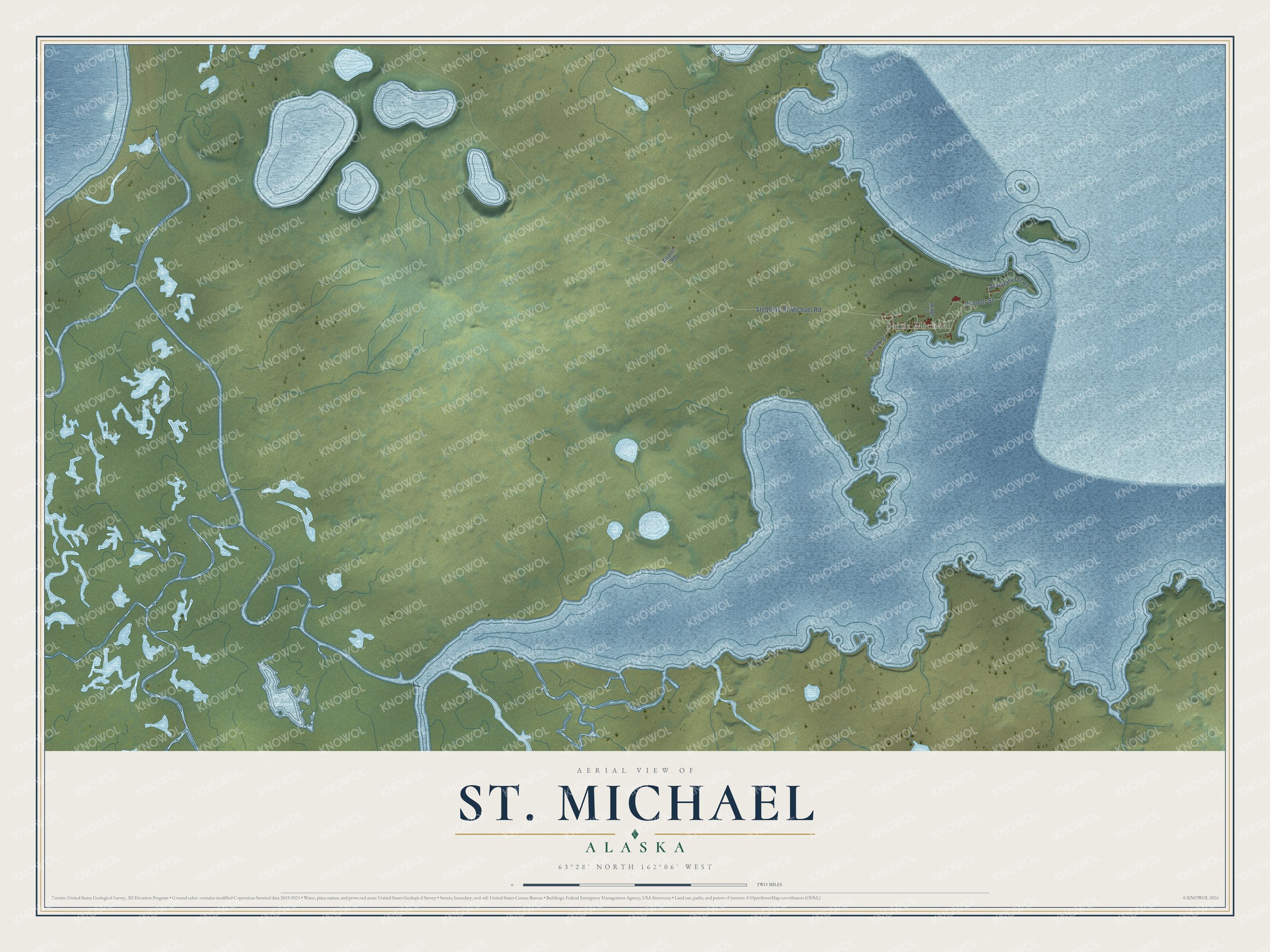 Full map of St. Michael, Alaska, with red buildings, printed street names and the land around them