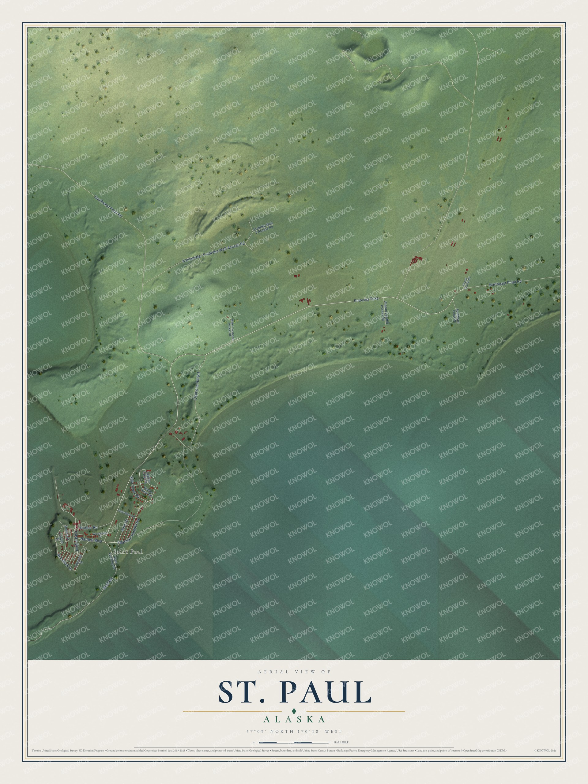 Full map of St. Paul, Alaska, with red buildings, printed street names and the land around them