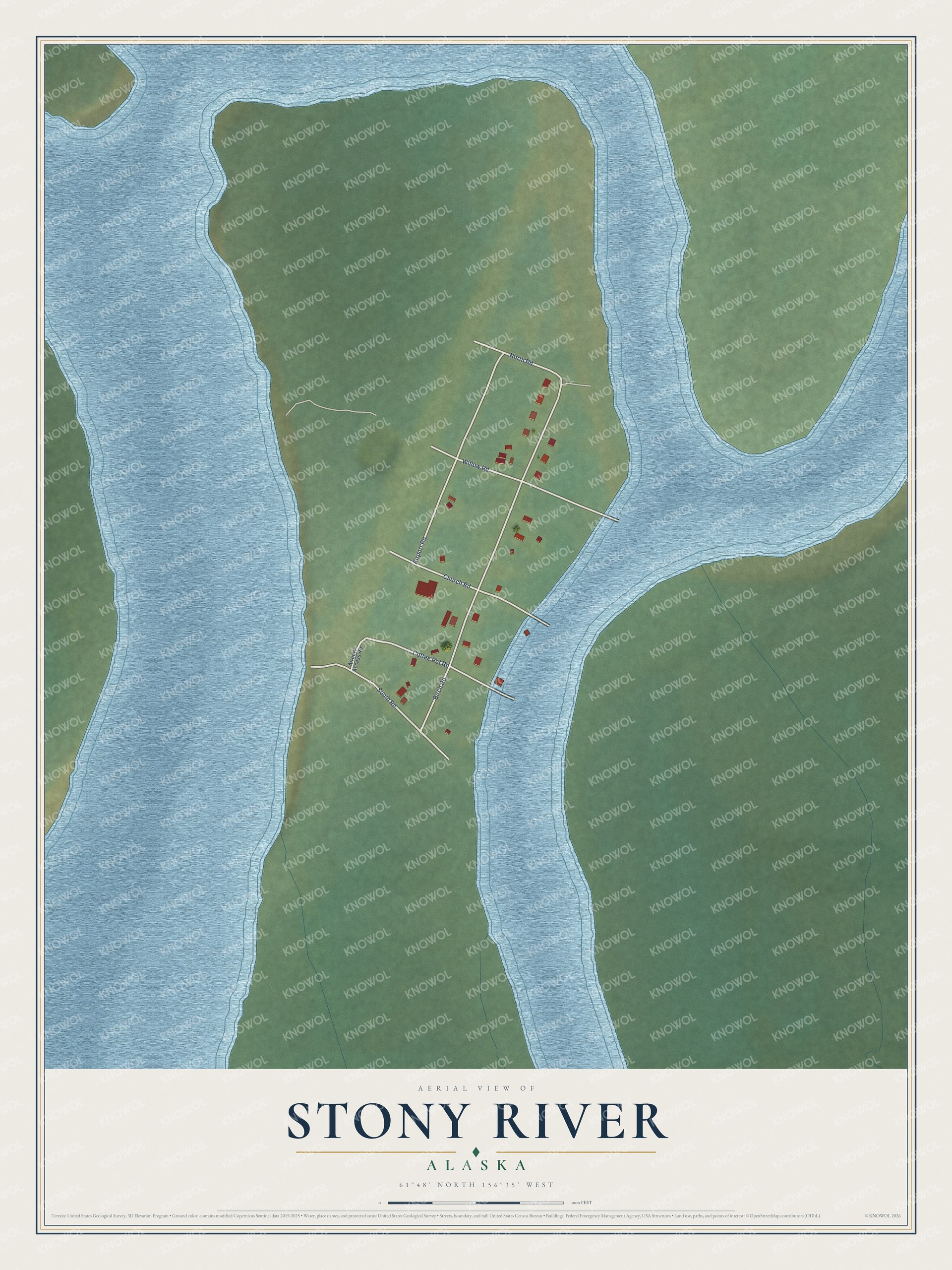 Full map of Stony River, Alaska, with red buildings, printed street names and the land around them