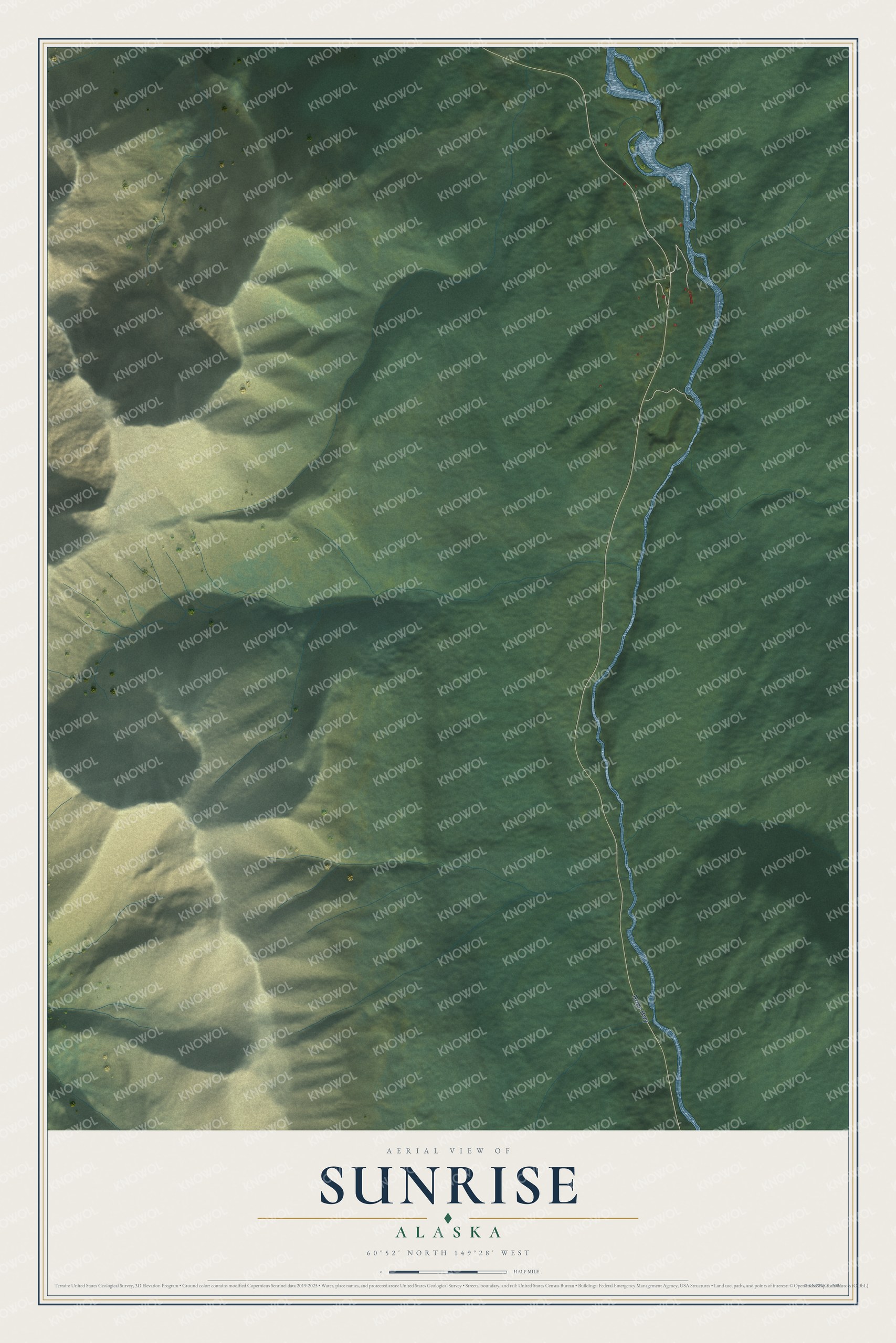 Full map of Sunrise, Alaska, with red buildings, printed street names and the land around them
