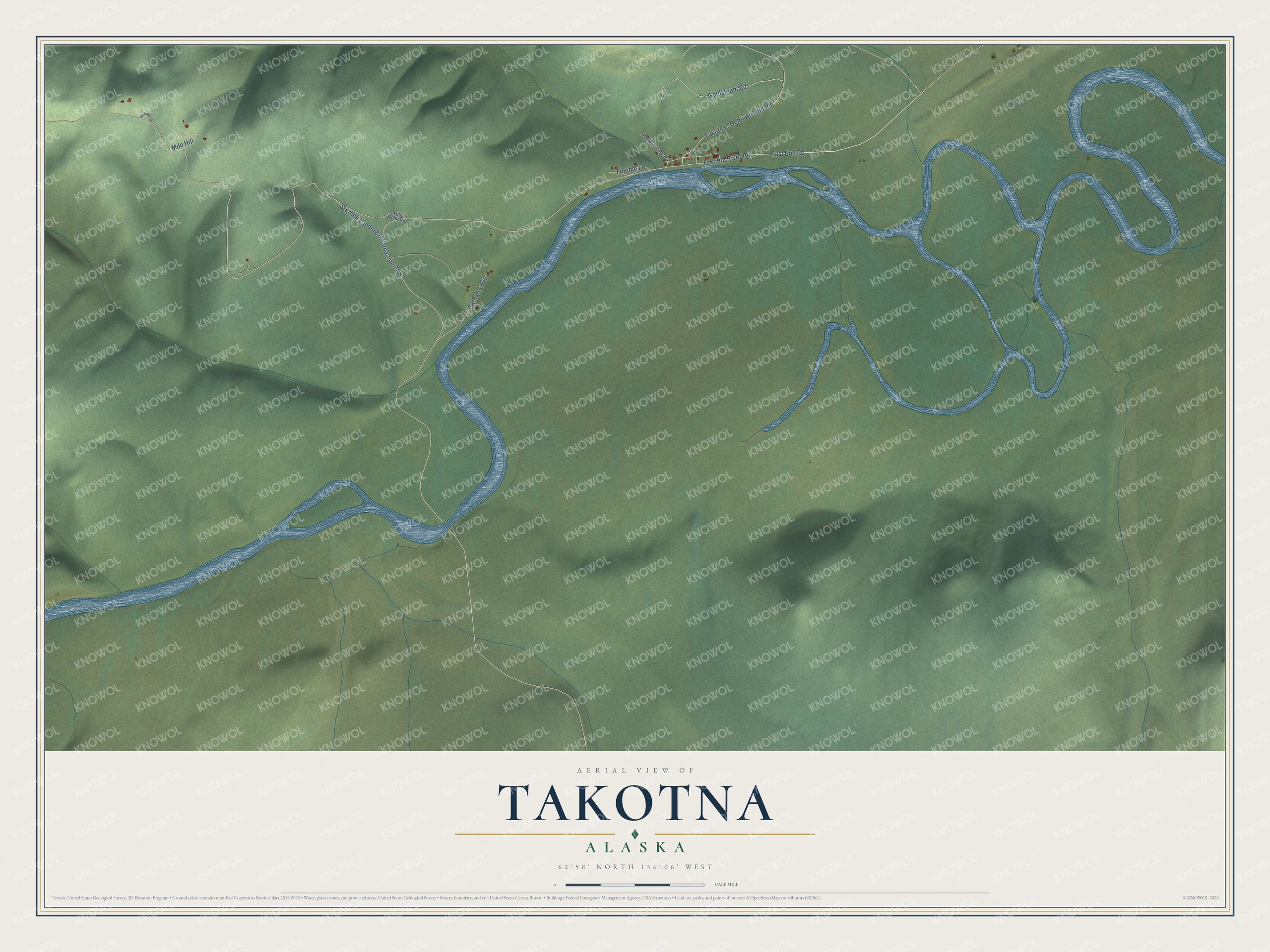 Full map of Takotna, Alaska, with red buildings, printed street names and the land around them