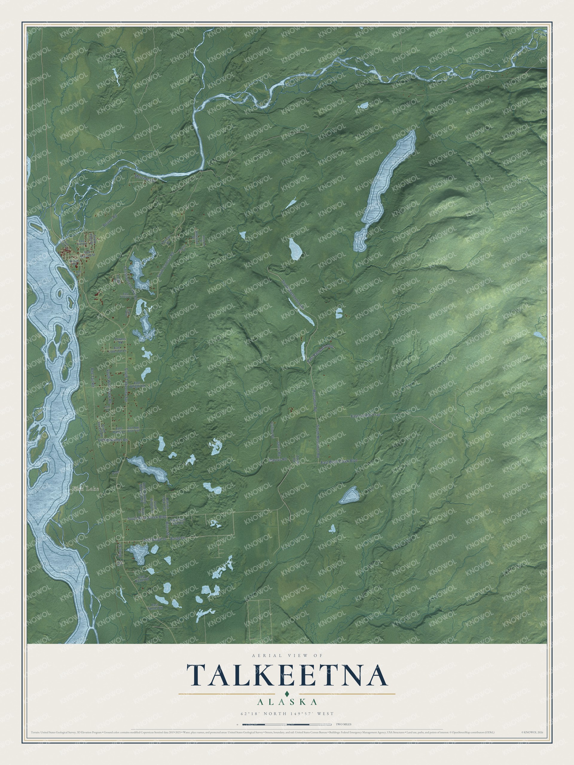 Full map of Talkeetna, Alaska, with red buildings, printed street names and the land around them