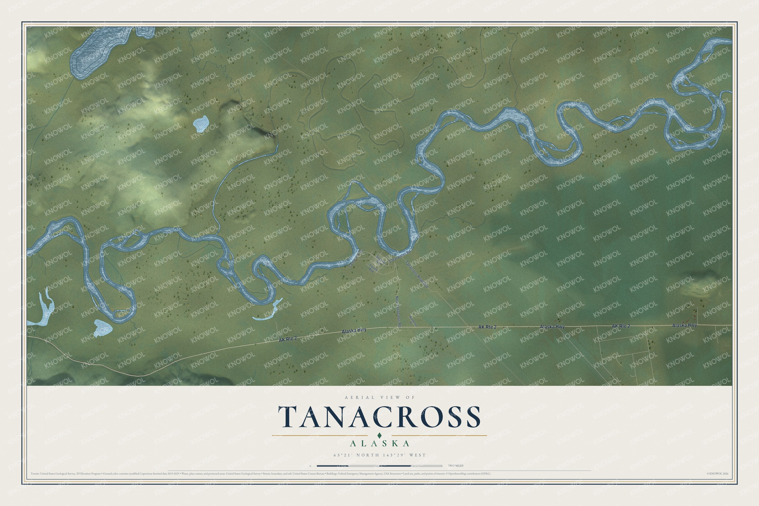 Full map of Tanacross, Alaska, with red buildings, printed street names and the land around them