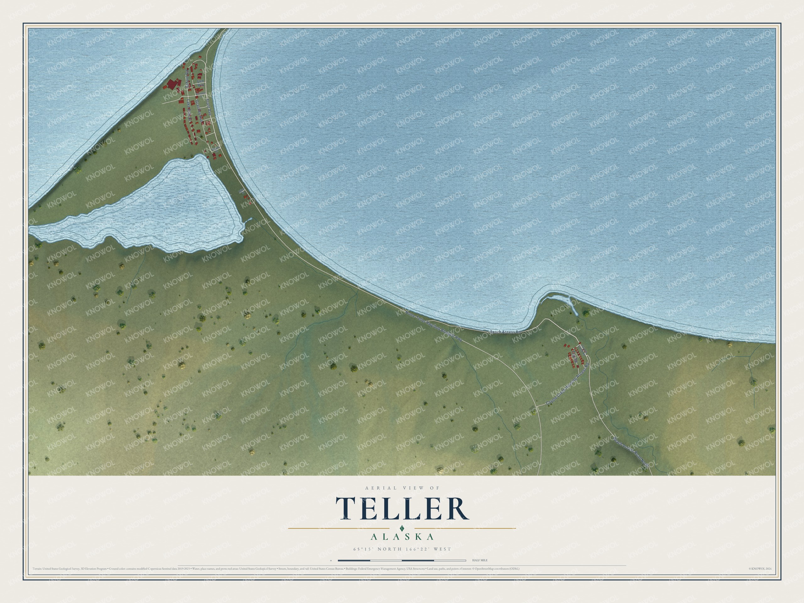 Full map of Teller, Alaska, with red buildings, printed street names and the land around them