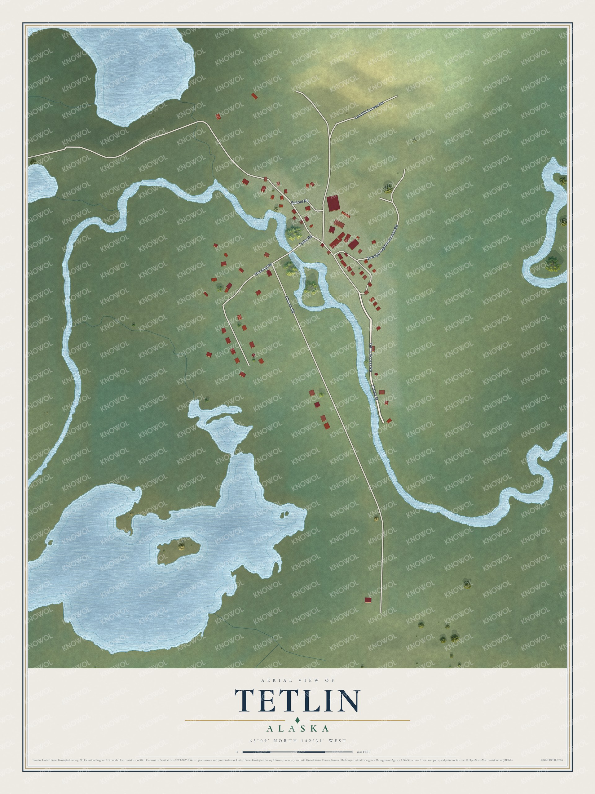 Full map of Tetlin, Alaska, with red buildings, printed street names and the land around them