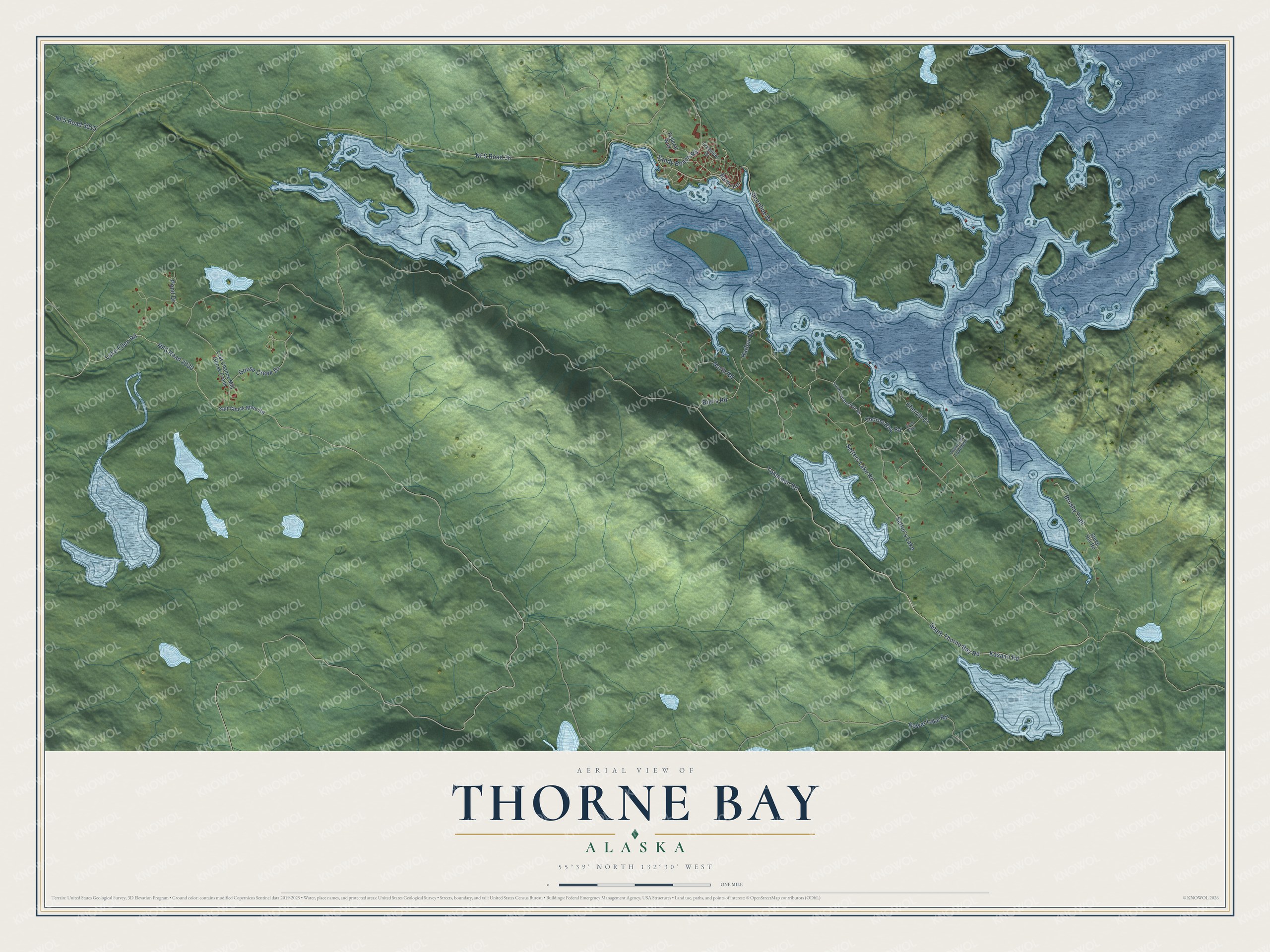 Full map of Thorne Bay, Alaska, with red buildings, printed street names and the land around them