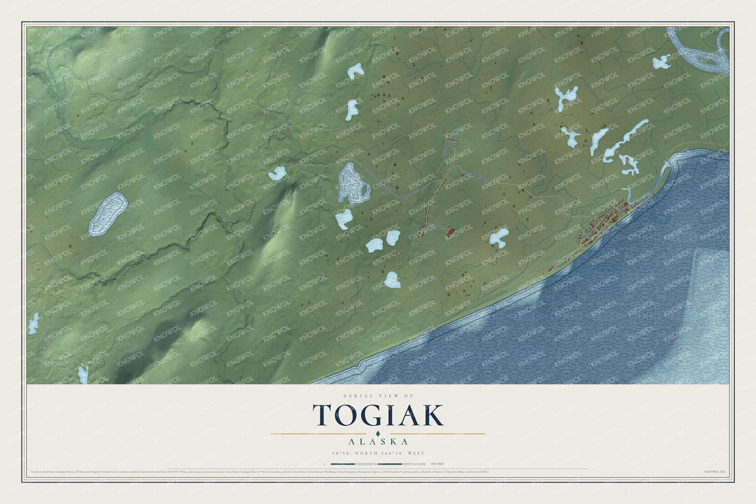 Full map of Togiak, Alaska, with red buildings, printed street names and the land around them