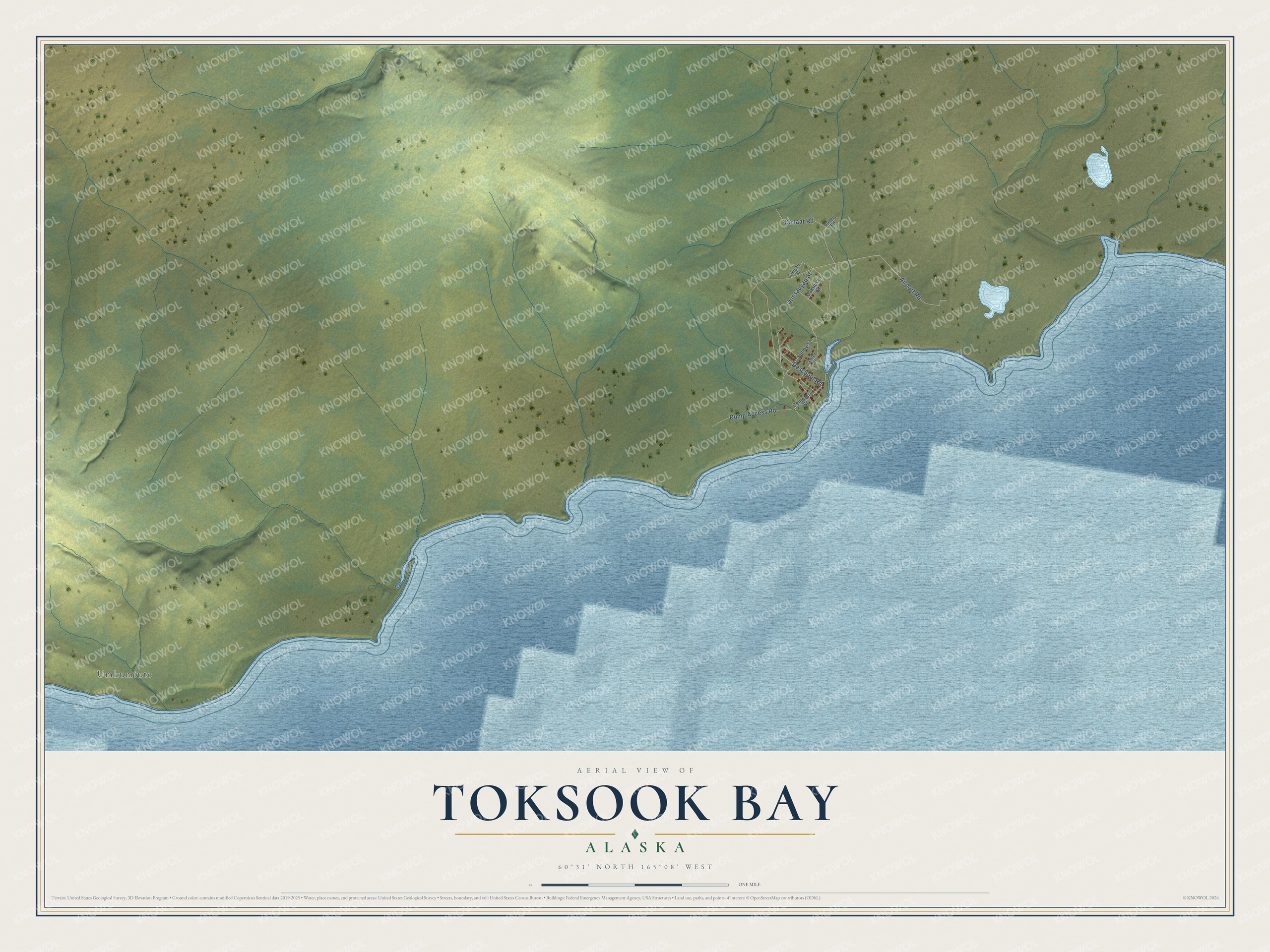 Full map of Toksook Bay, Alaska, with red buildings, printed street names and the land around them