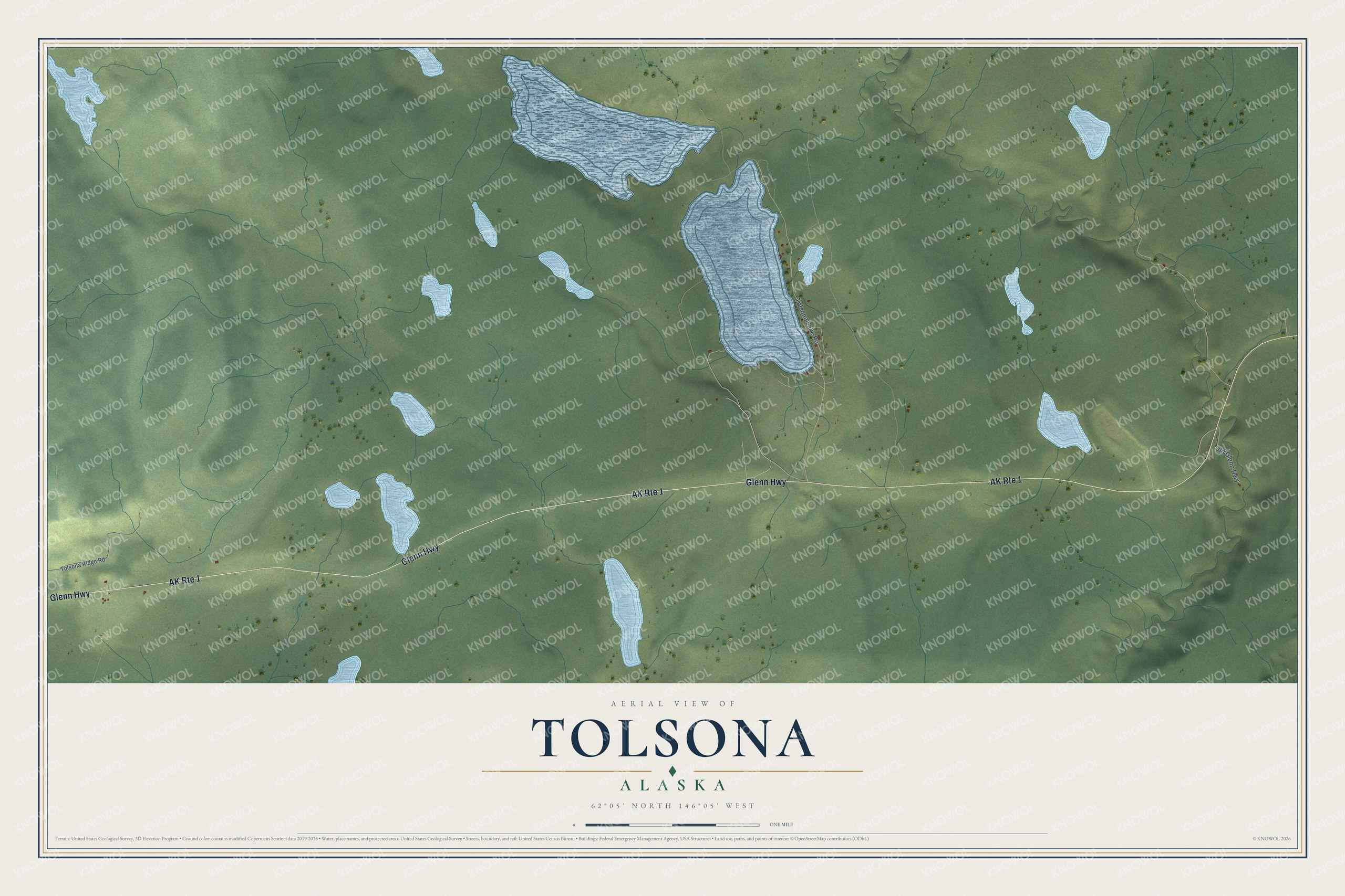 Full map of Tolsona, Alaska, with red buildings, printed street names and the land around them