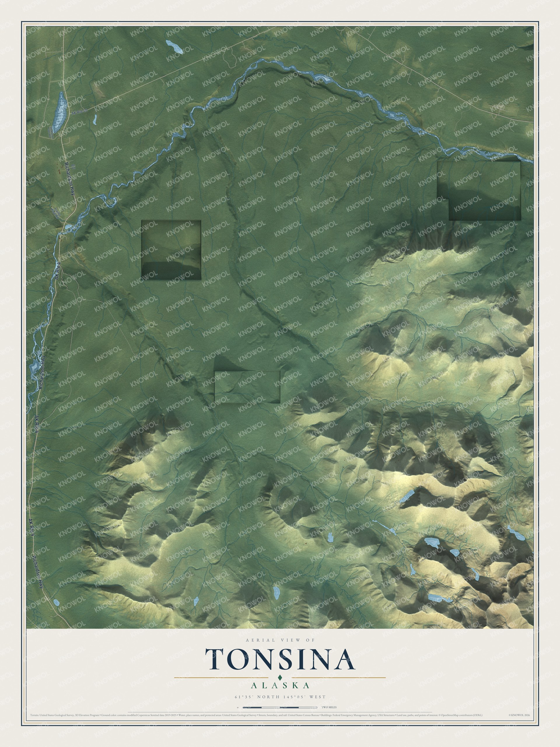 Full map of Tonsina, Alaska, with red buildings, printed street names and the land around them