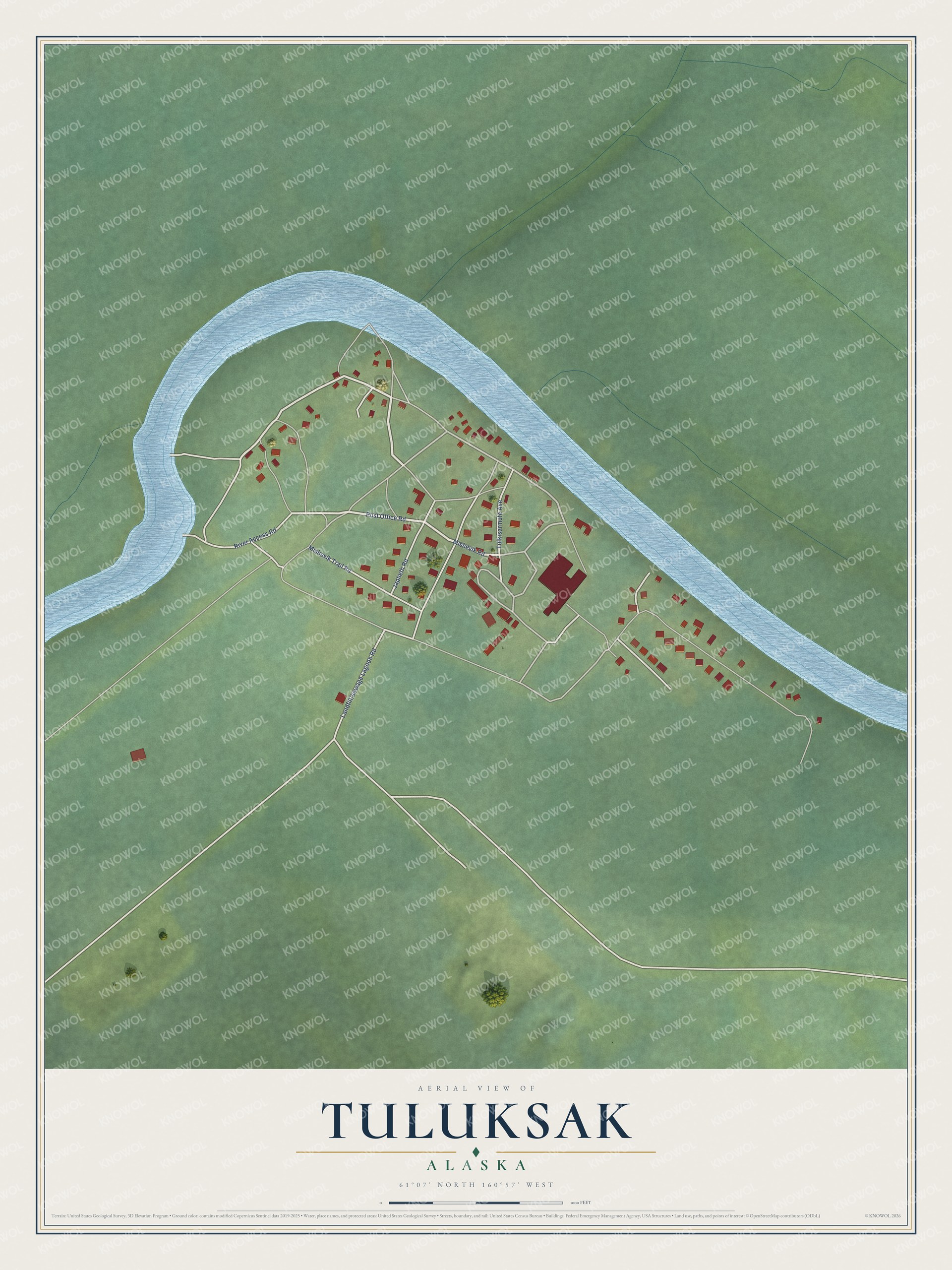 Full map of Tuluksak, Alaska, with red buildings, printed street names and the land around them