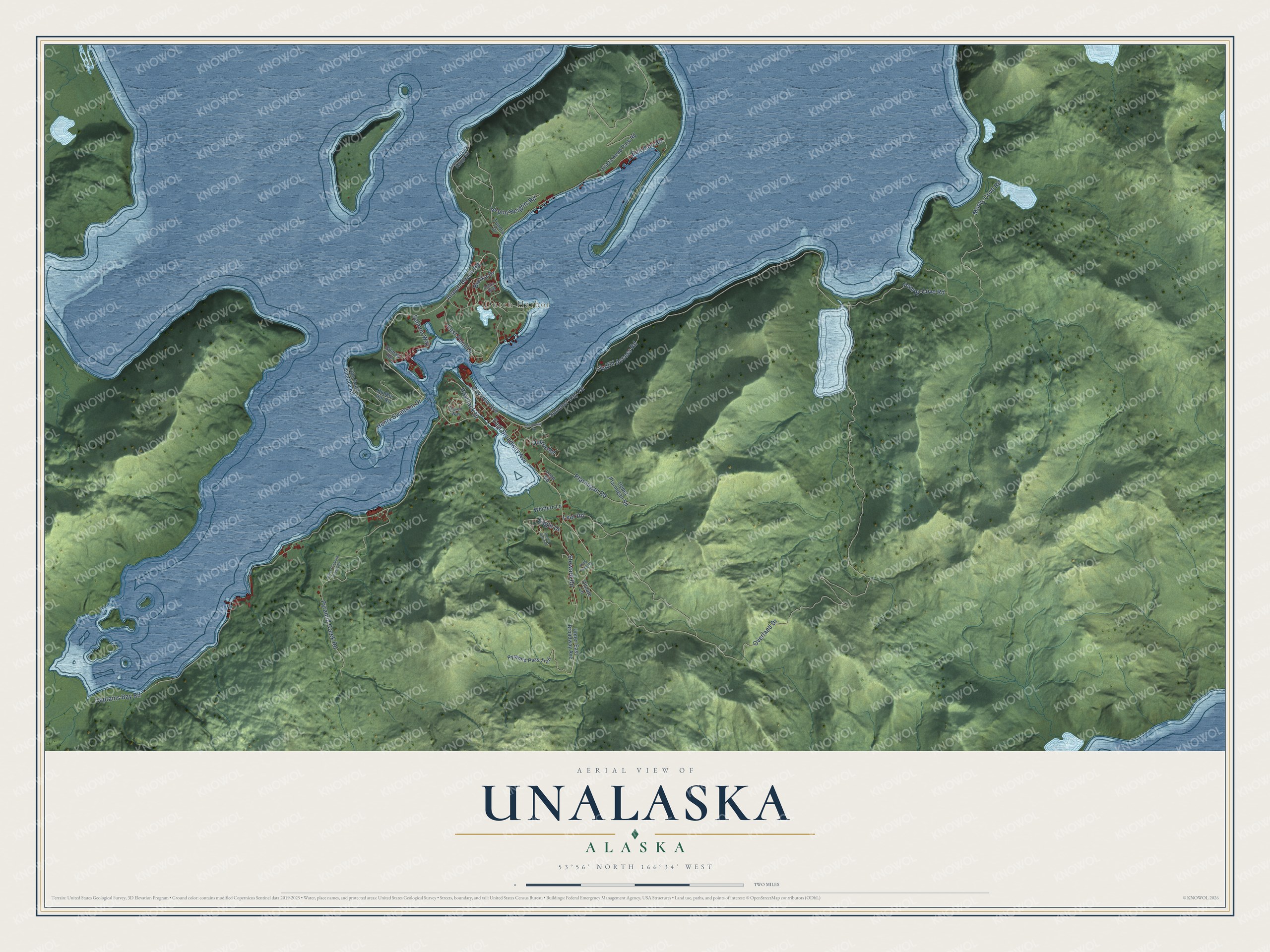 Full map of Unalaska, Alaska, with red buildings, printed street names and the land around them
