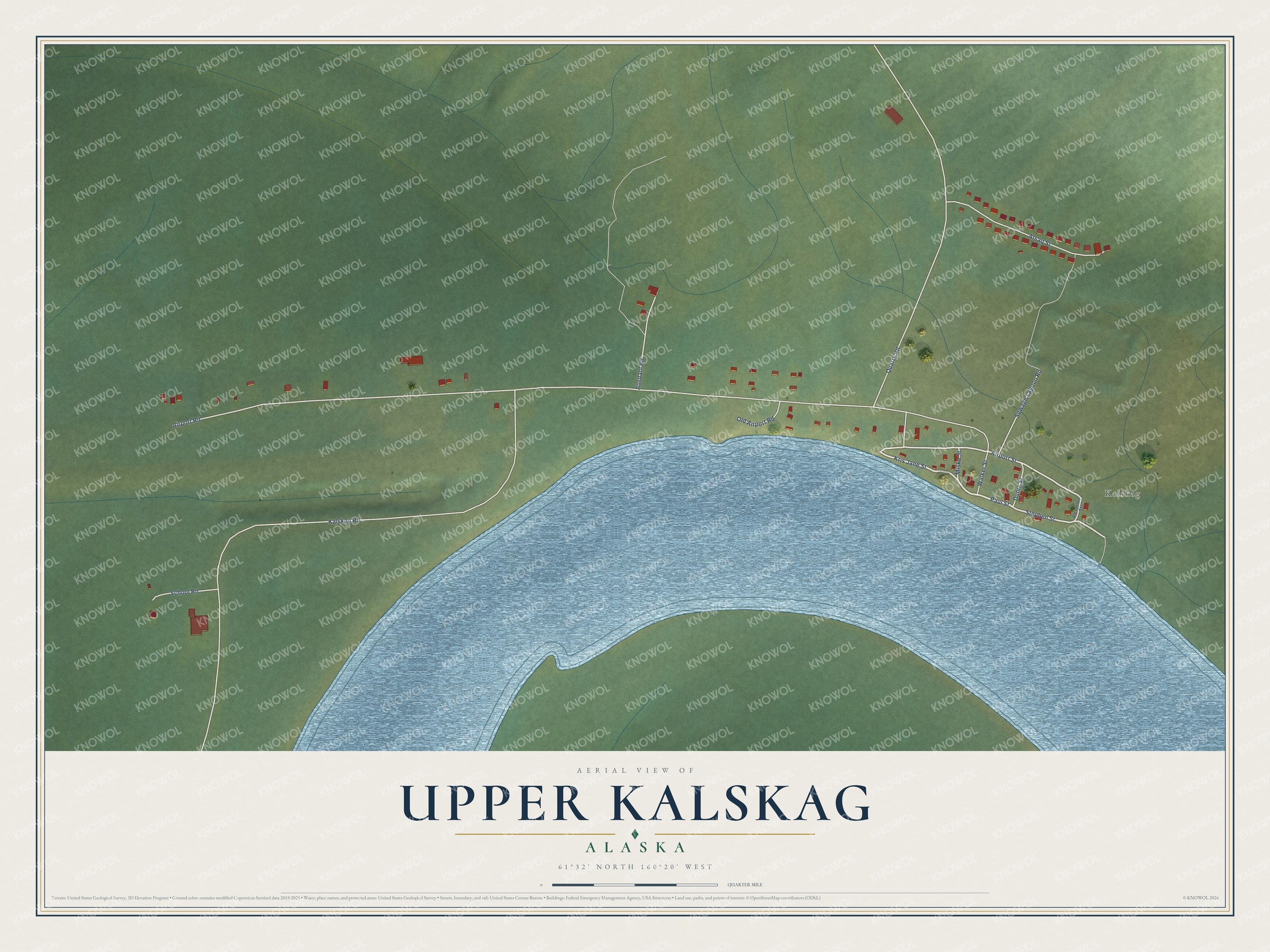 Full map of Upper Kalskag, Alaska, with red buildings, printed street names and the land around them