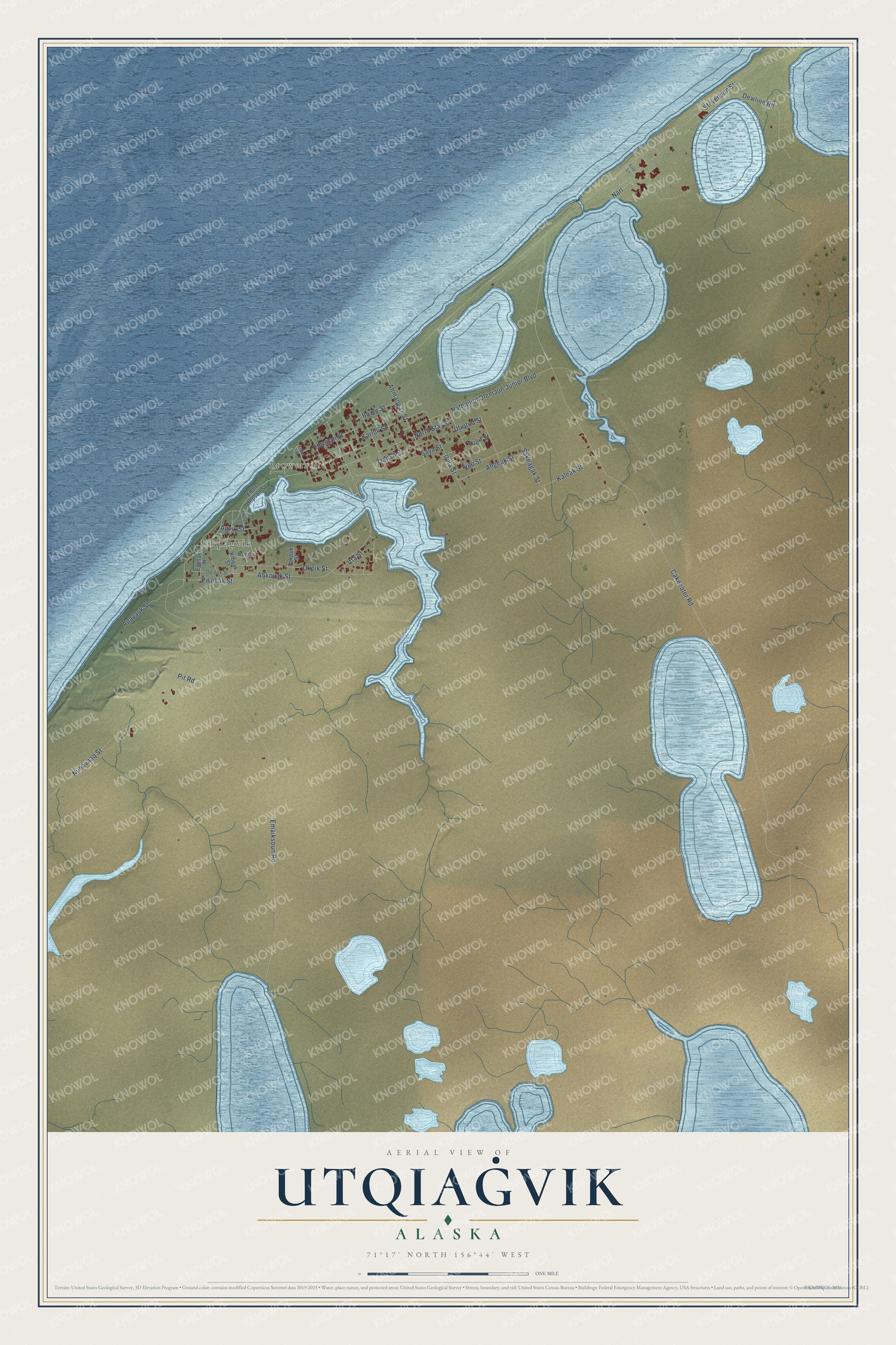 Full map of Utqiaġvik, Alaska, with red buildings, printed street names and the land around them