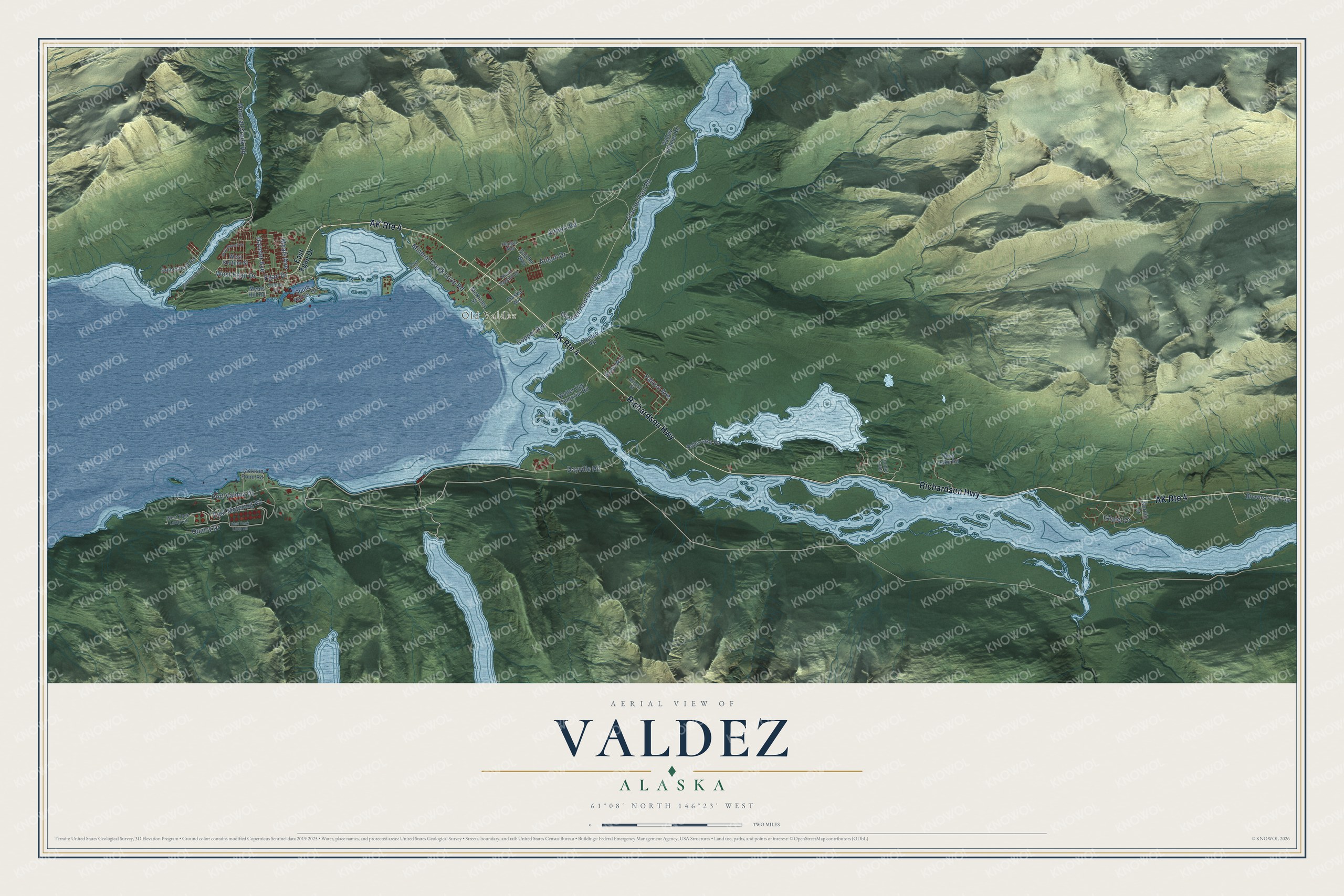 Full map of Valdez, Alaska, with red buildings, printed street names and the land around them