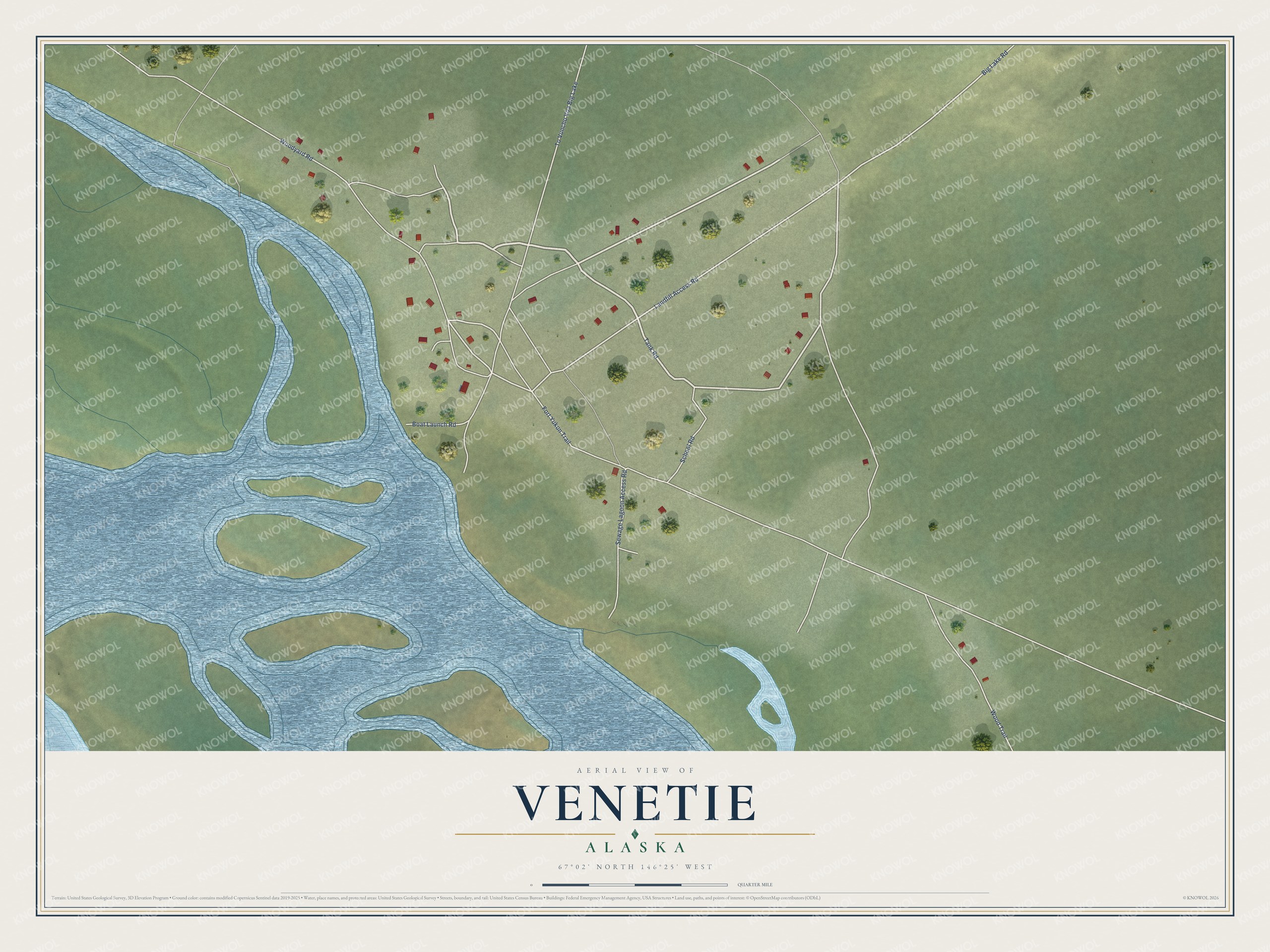 Full map of Venetie, Alaska, with red buildings, printed street names and the land around them