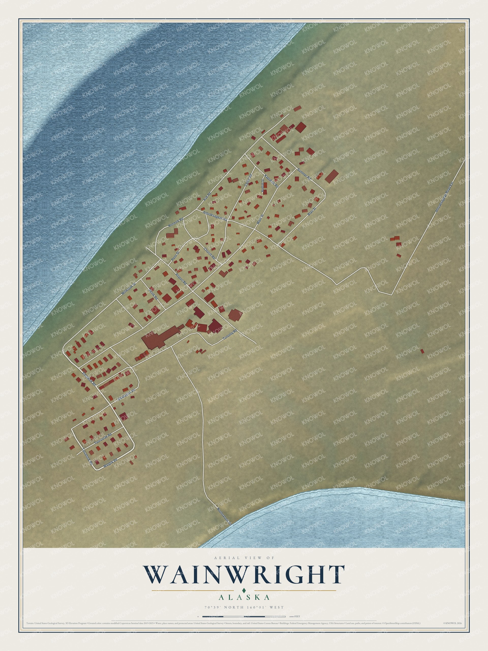Full map of Wainwright, Alaska, with red buildings, printed street names and the land around them