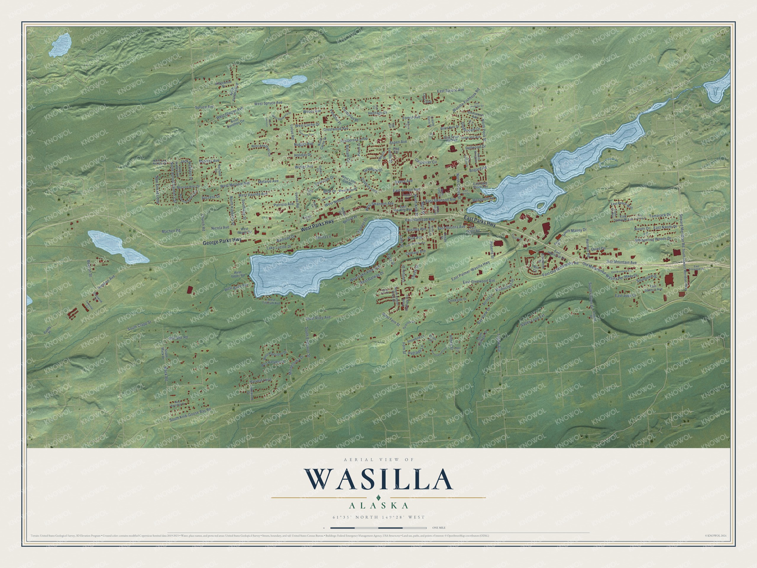 Full map of Wasilla, Alaska, with red buildings, printed street names and the land around them