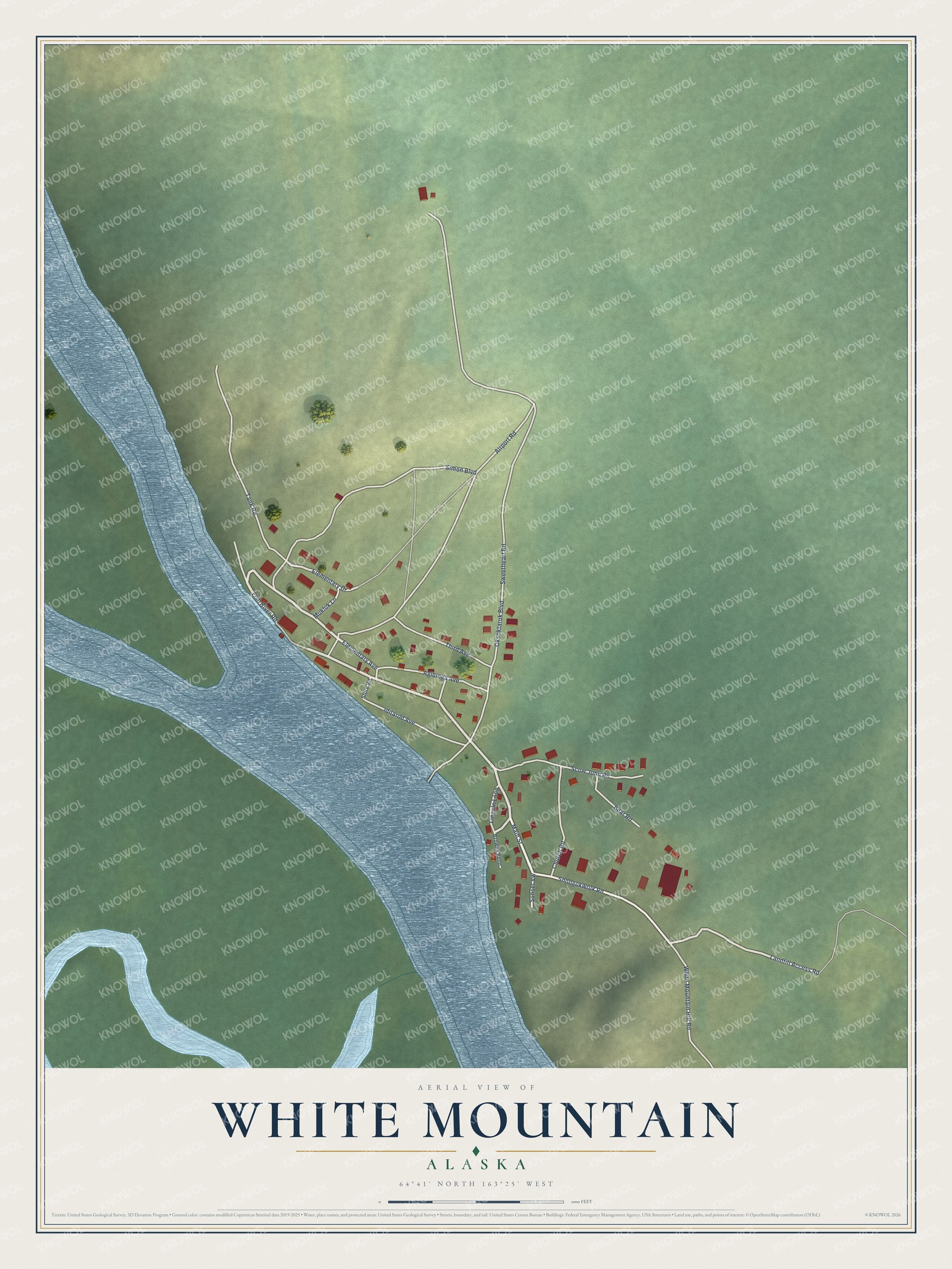 Full map of White Mountain, Alaska, with red buildings, printed street names and the land around them