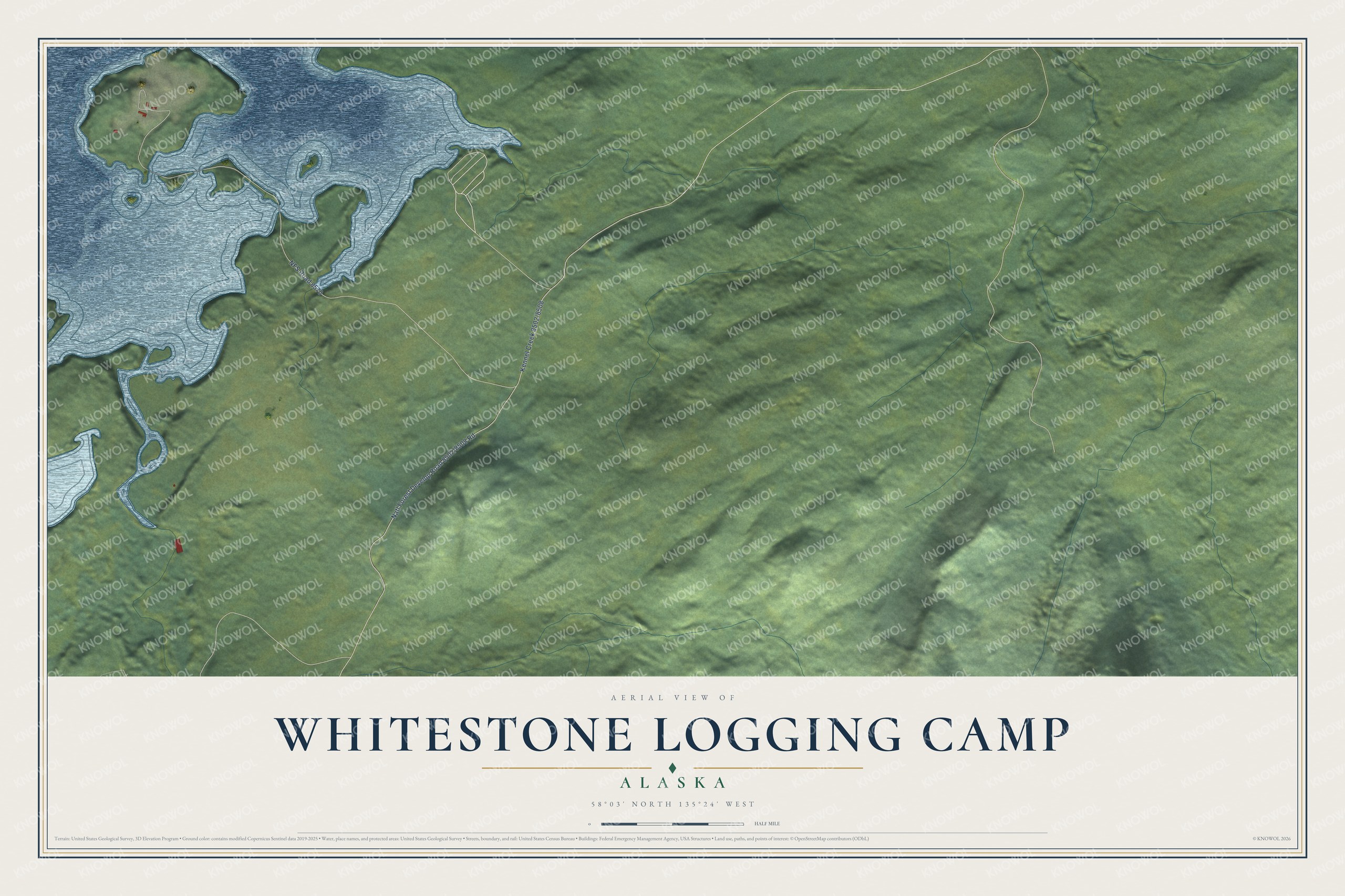 Full map of Whitestone Logging Camp, Alaska, with red buildings, printed street names and the land around them