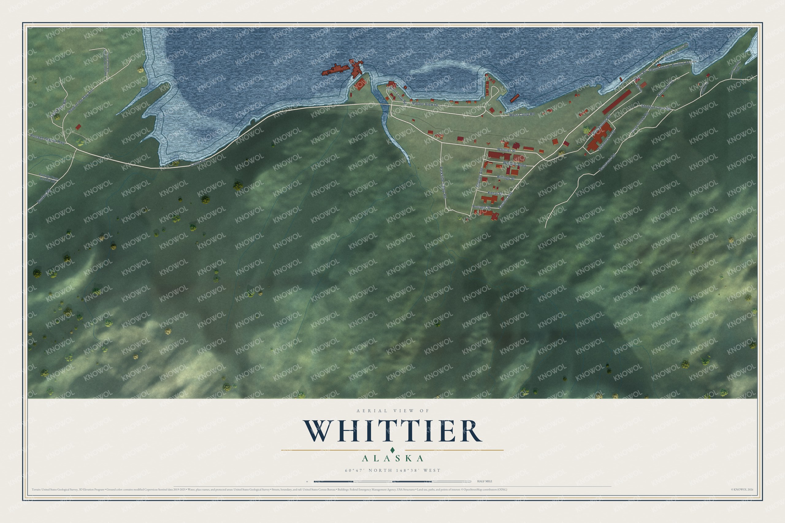 Full map of Whittier, Alaska, with red buildings, printed street names and the land around them