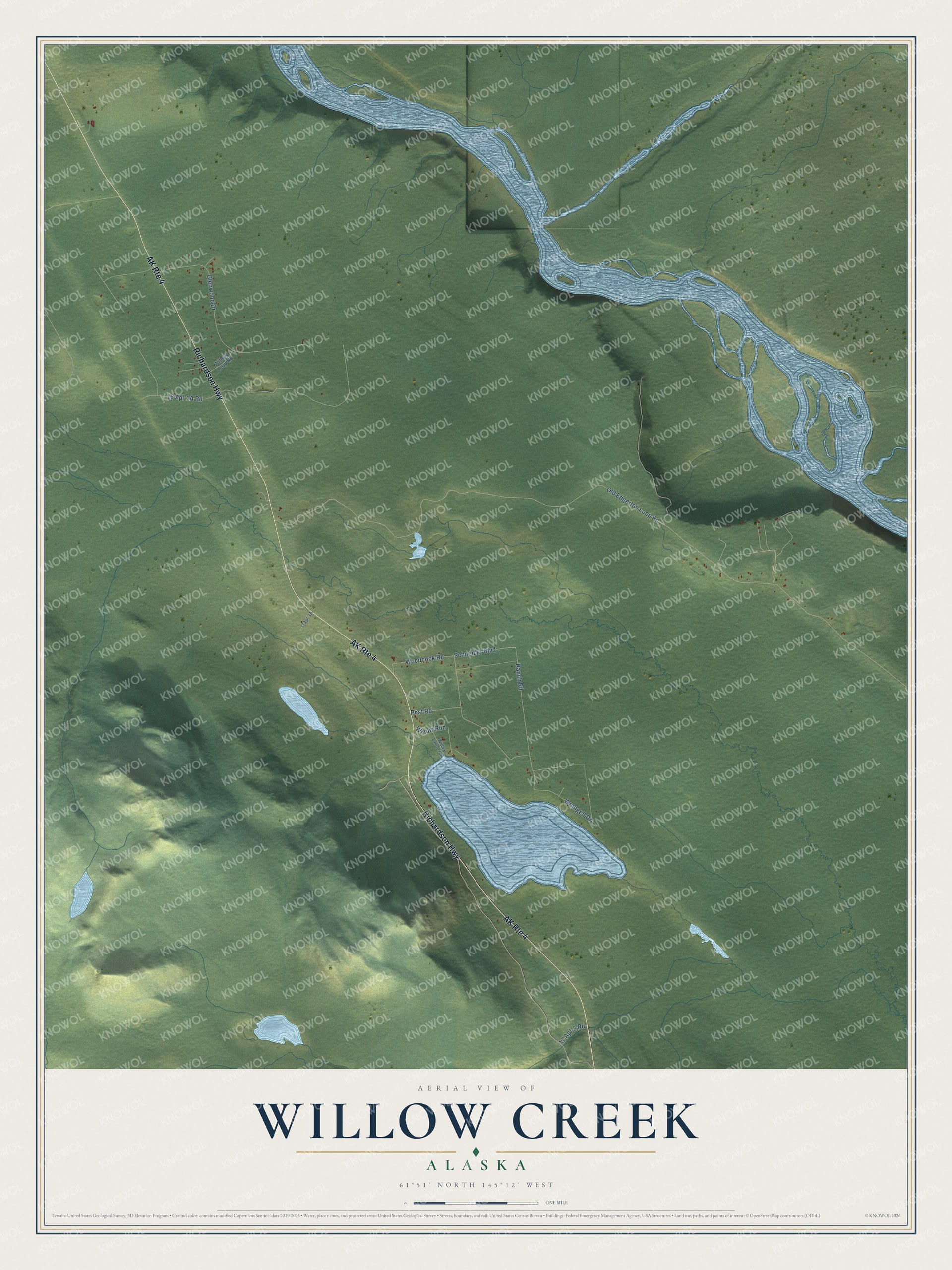 Full map of Willow Creek, Alaska, with red buildings, printed street names and the land around them