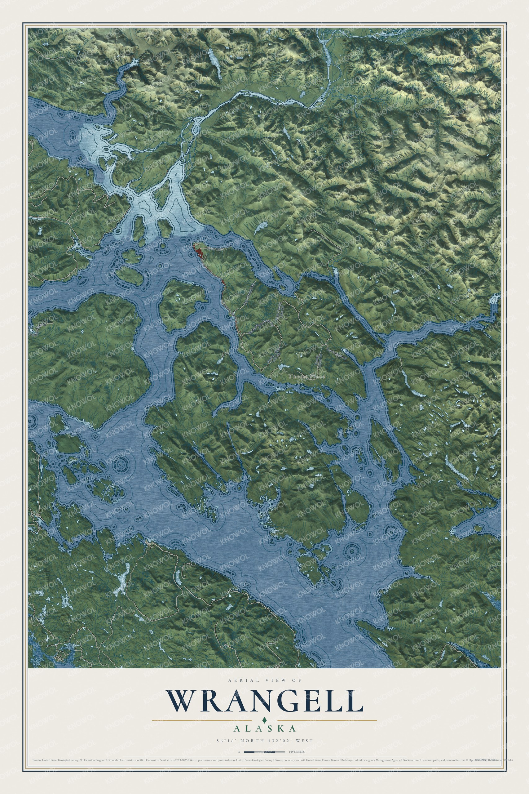 Full map of Wrangell, Alaska, with red buildings, printed street names and the land around them