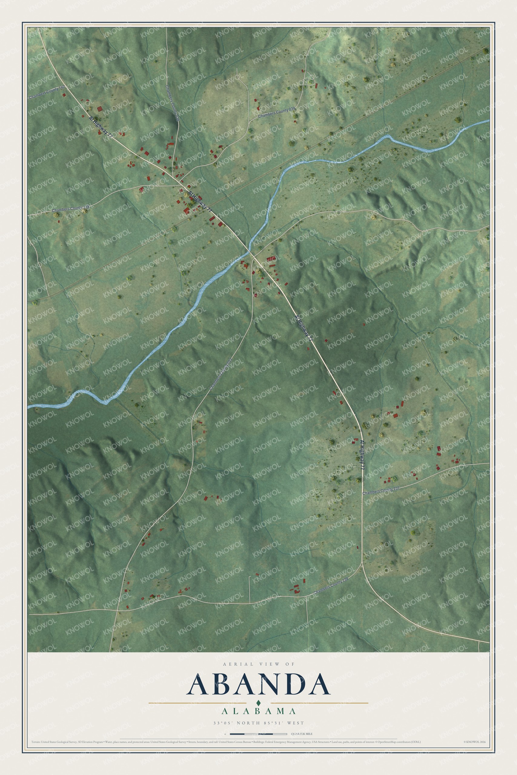 Full map of Abanda, Alabama, with red buildings, printed street names and the land around them